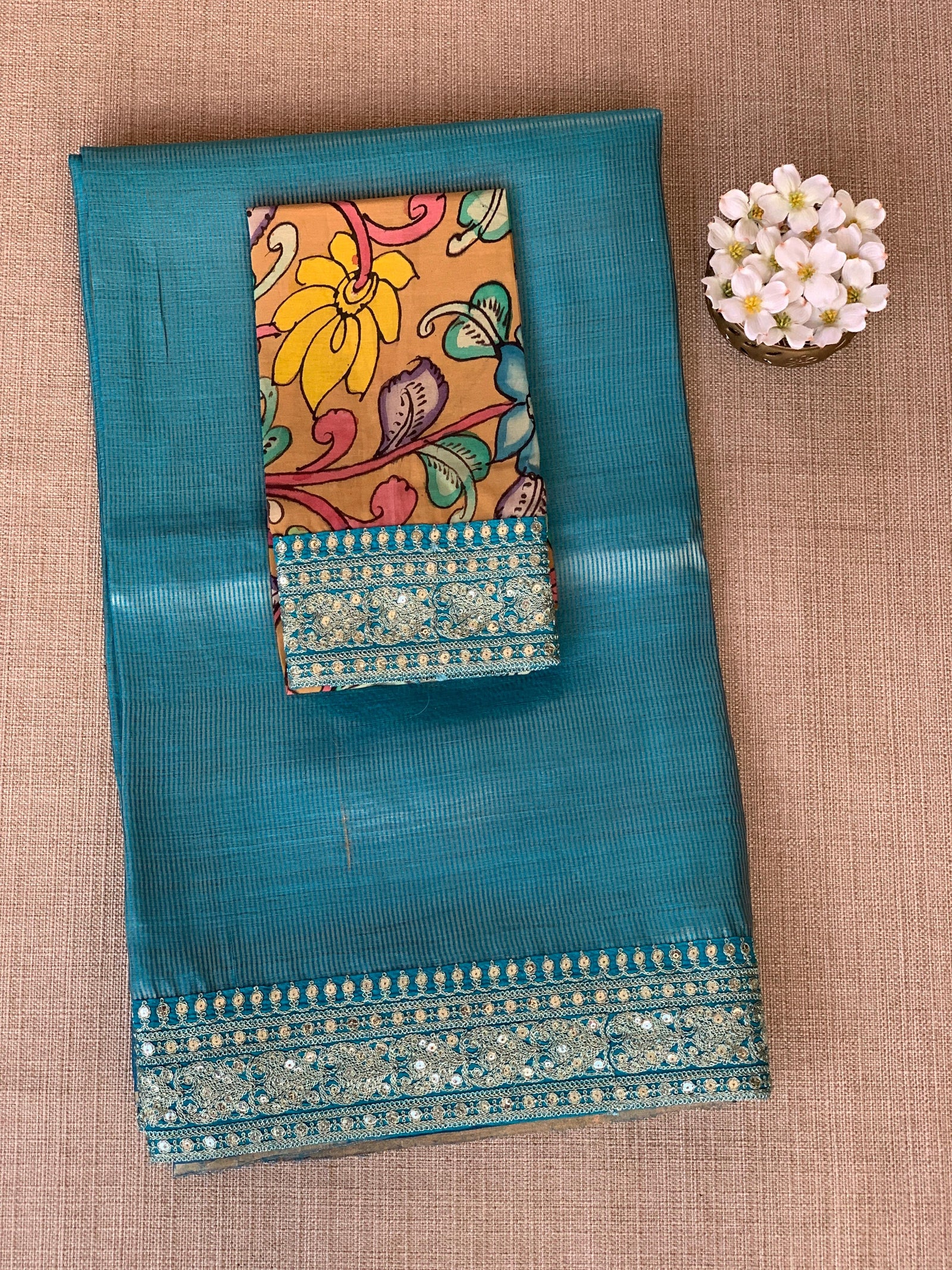 Copper sulphate kora Muslin Tissue fusion saree