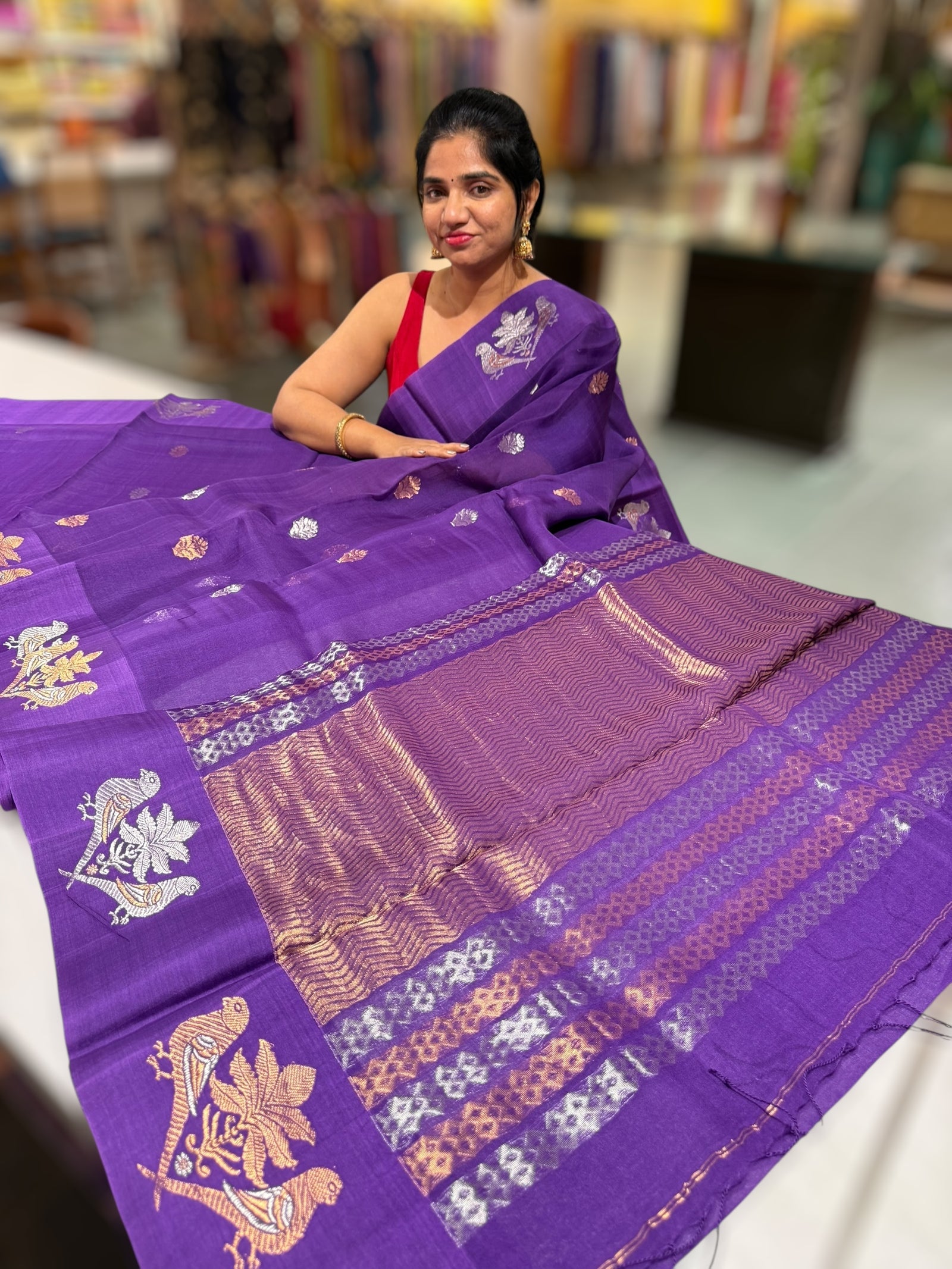 Brinjal Kora muslin sarees with kaduwa woven nandi motif border