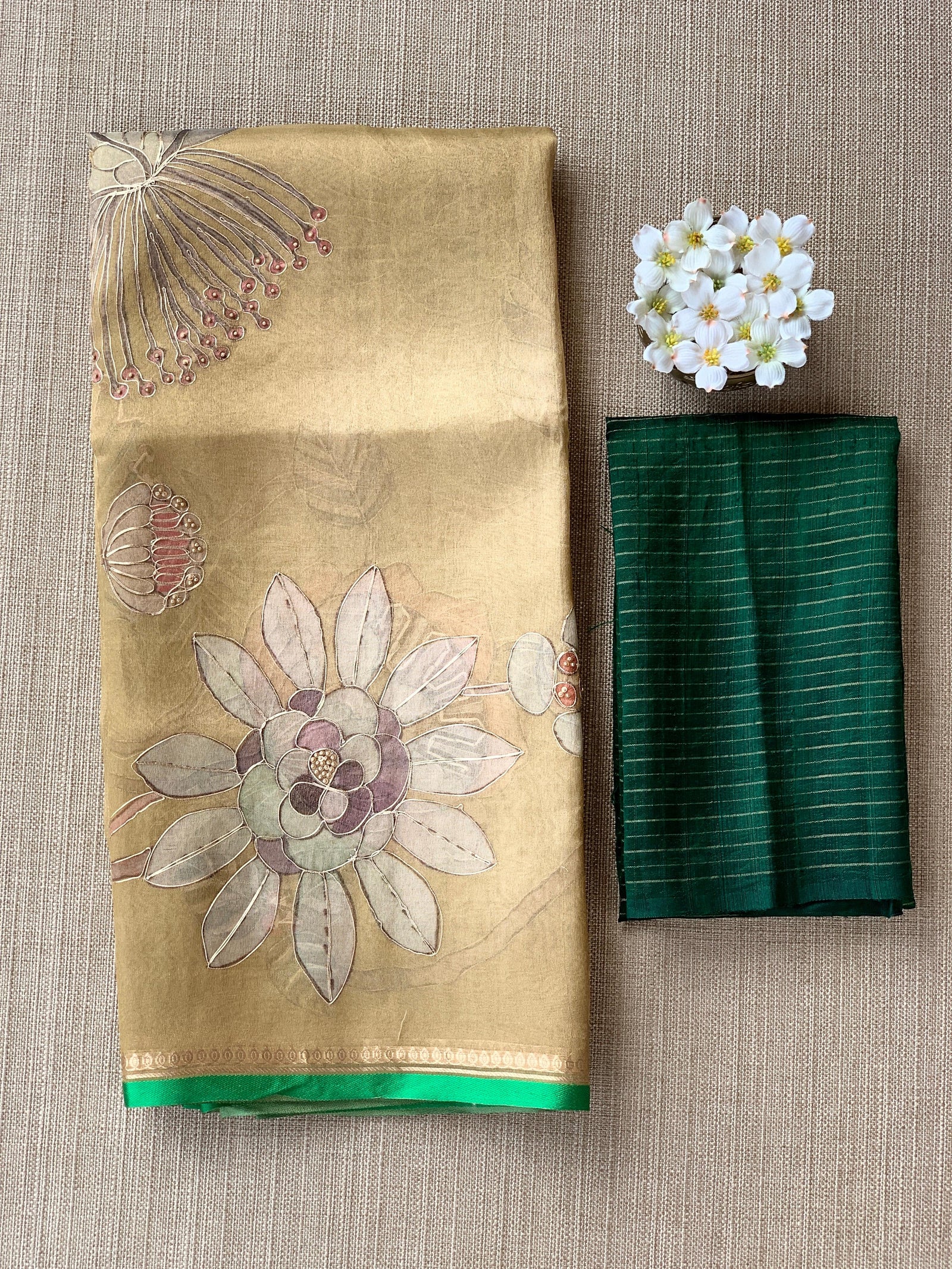 Gold Printed Banarasi Tissue with Handwork