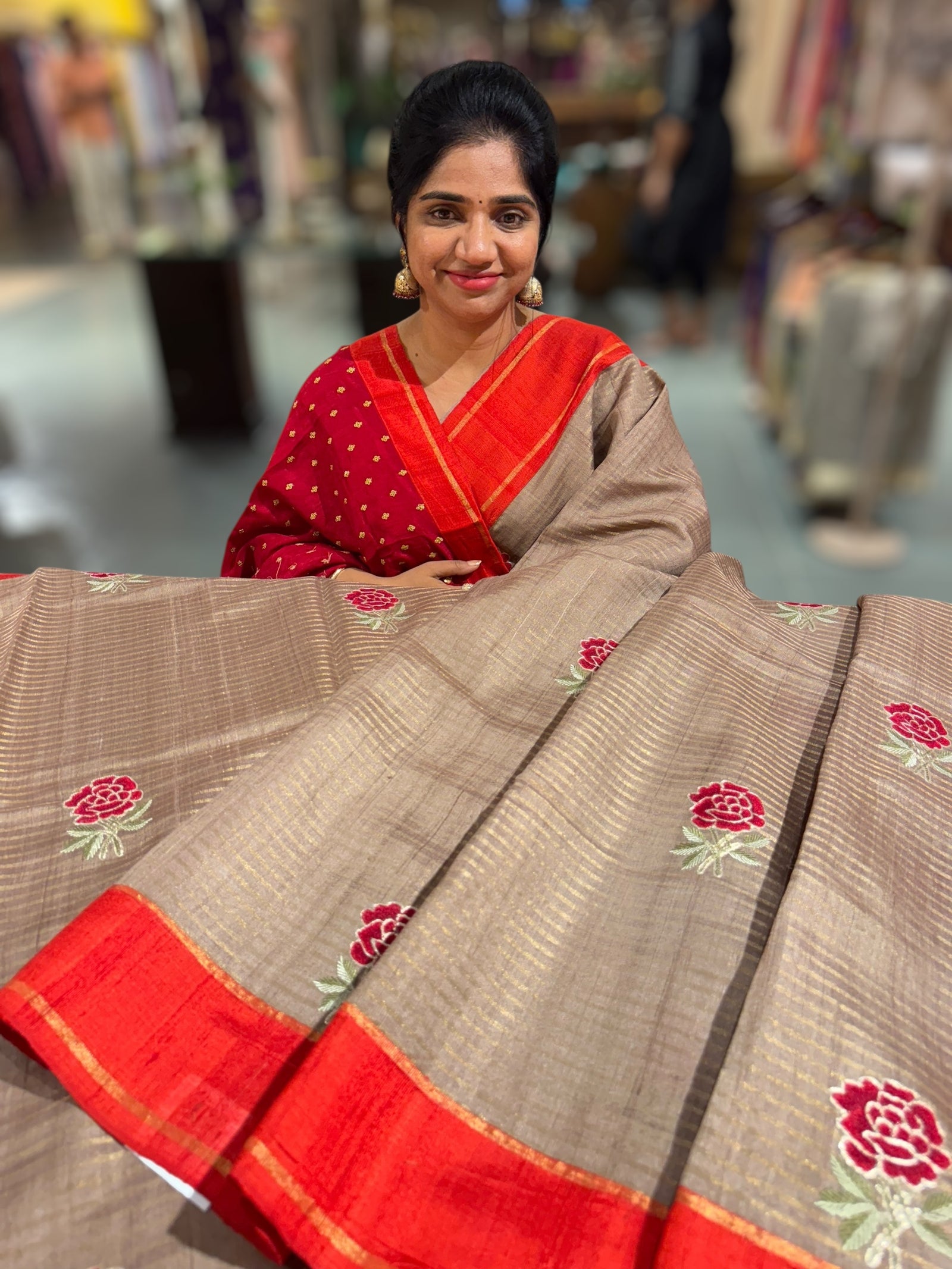 Chickoo Tussar Tissue and Silk fusion Saree with embroidery