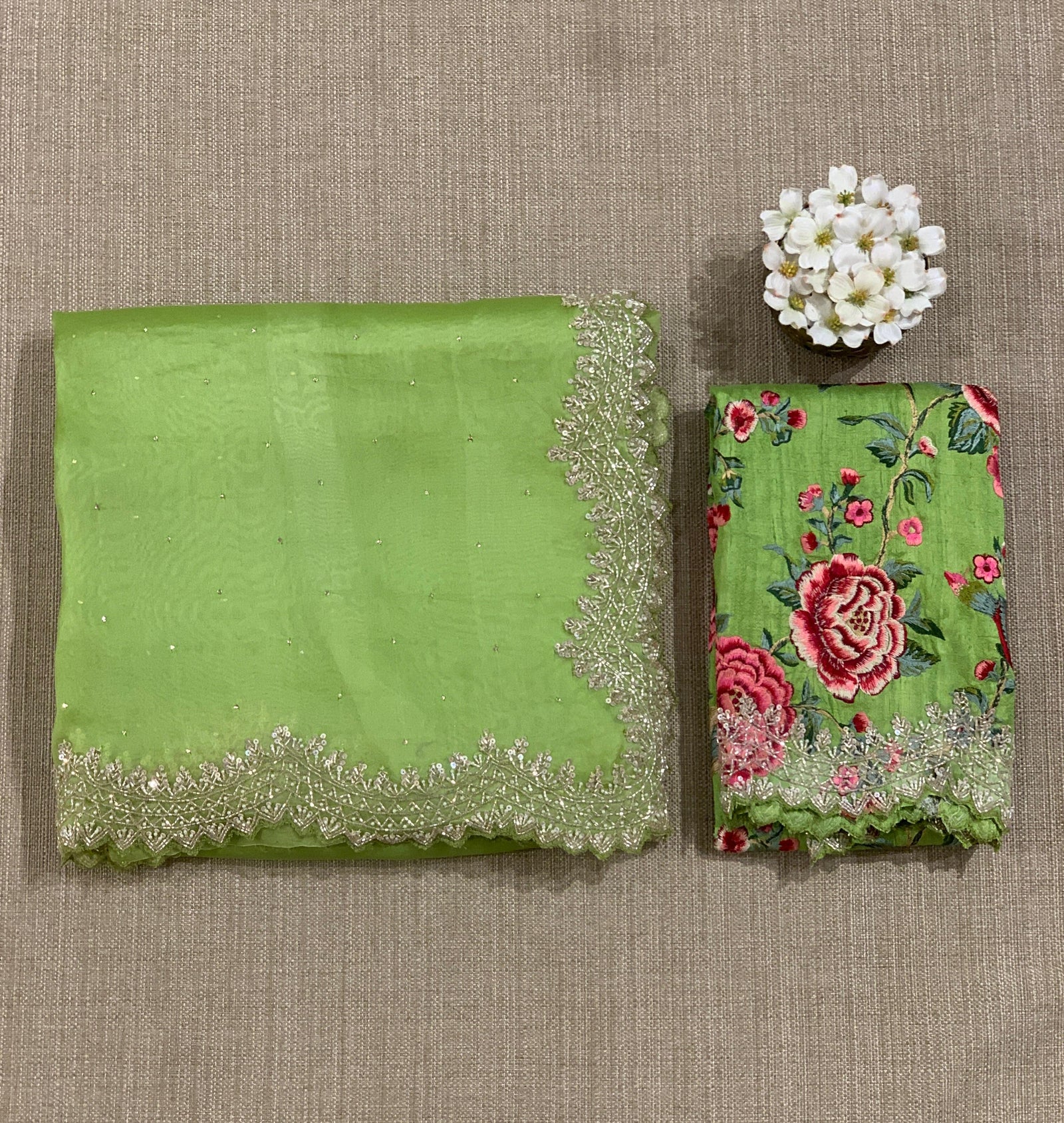 Apple Green Pure Organza Handwork Saree with heavy Designer Blouse
