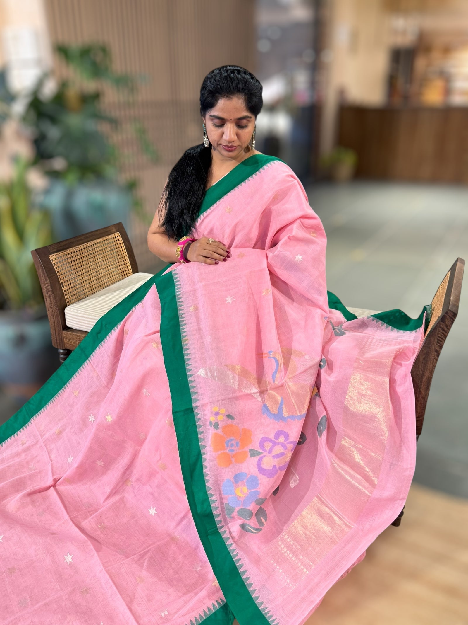 Baby Pink Ponduru Khadi Saree with Silk Temple Border & Jamdani Duck Pallu
