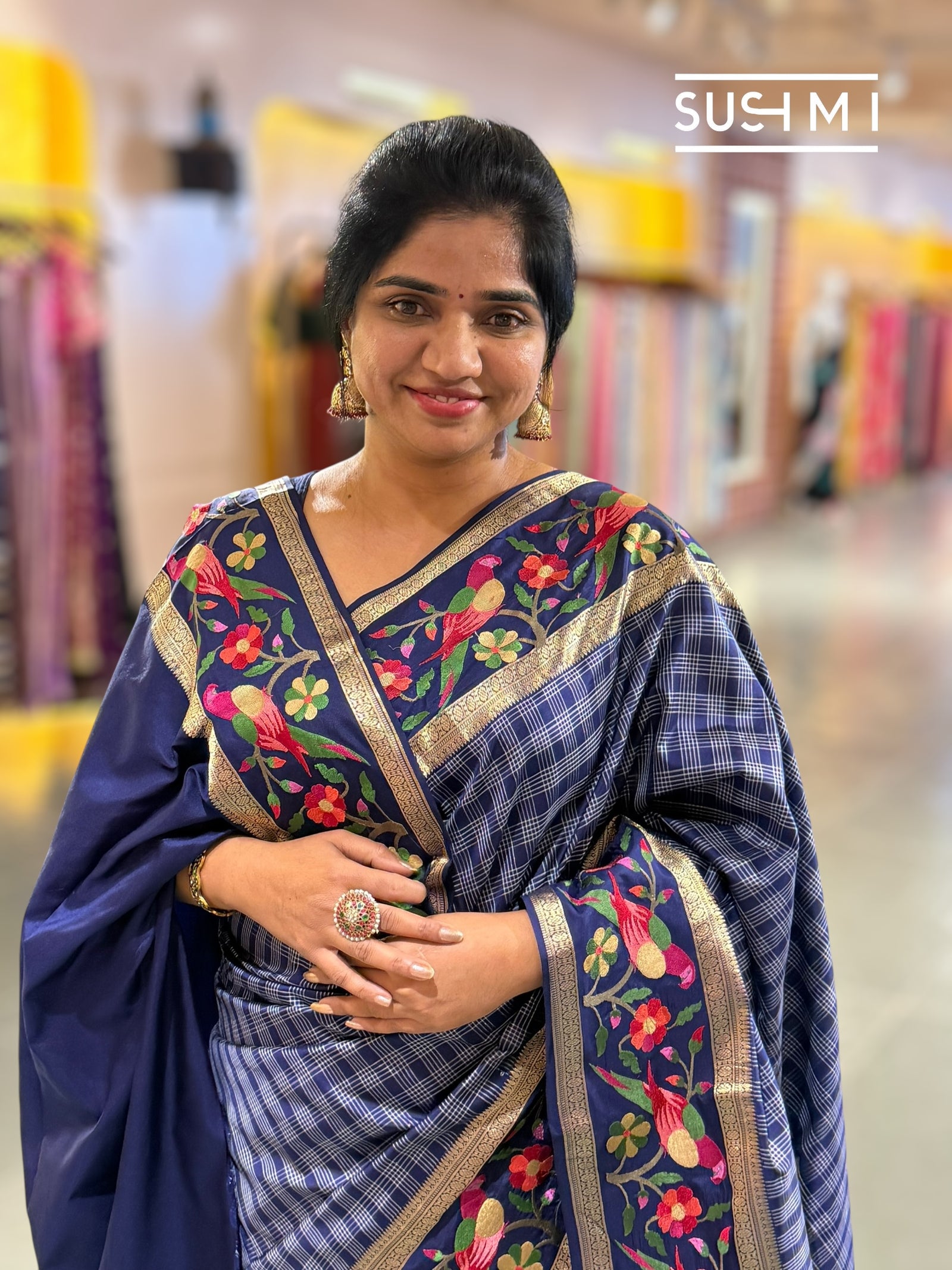 Midnight Blue Vintage checks Kanjeevaram soft silk saree with embroidery D62F040