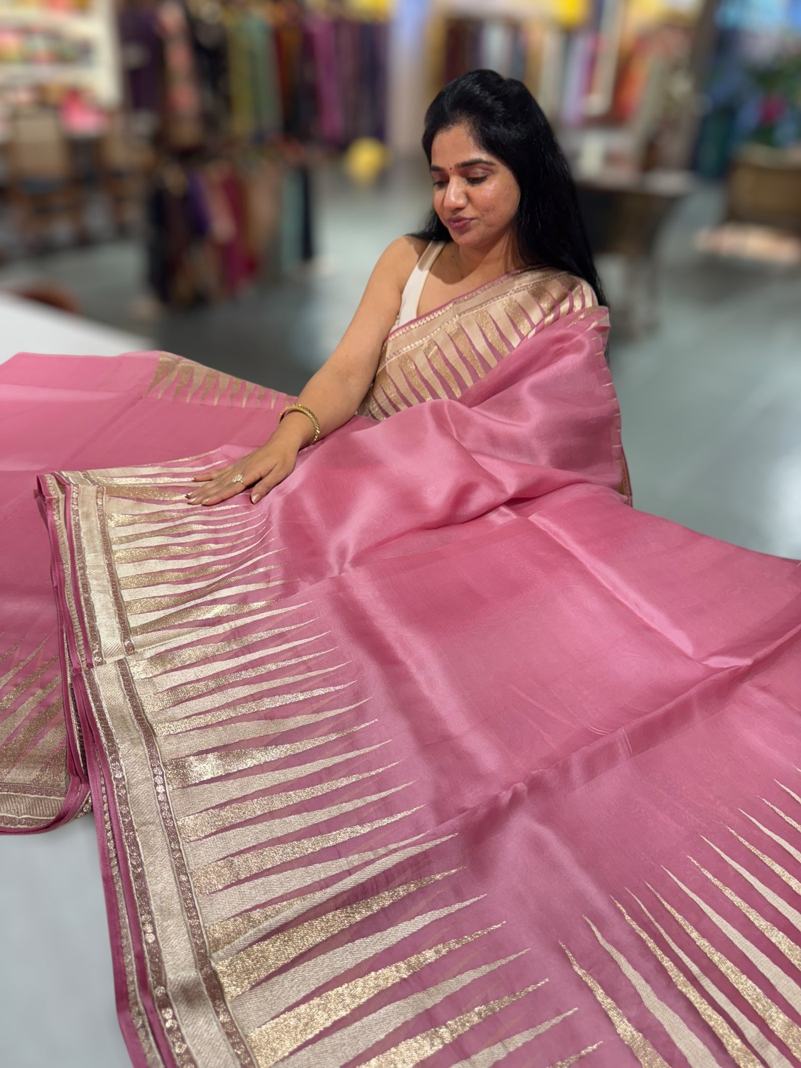 Blush Pink Pure Organza With Temple Embroidered Border & Tussar Printed Blouse