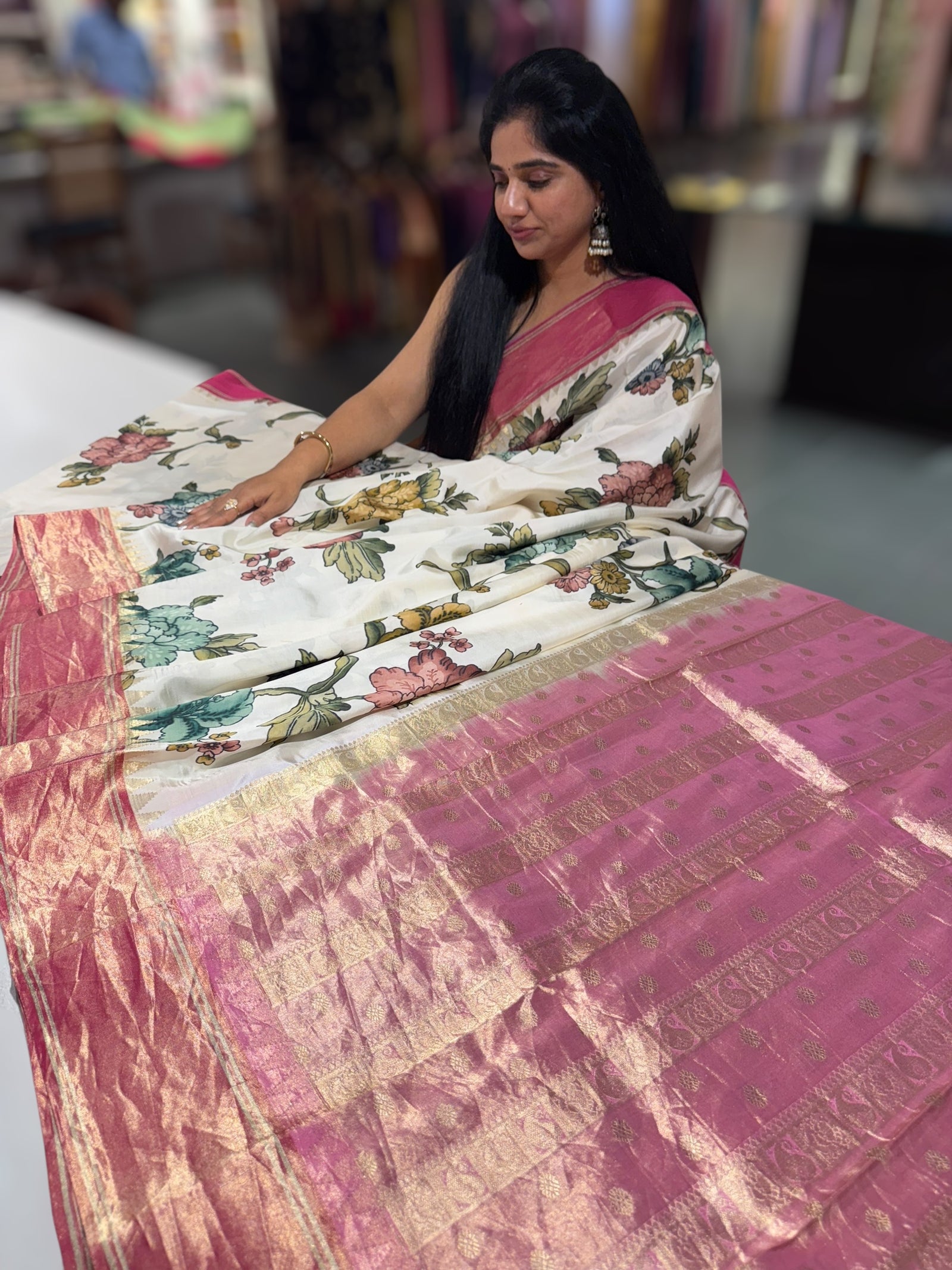 Ivory Kanjeevaram Designer print saree