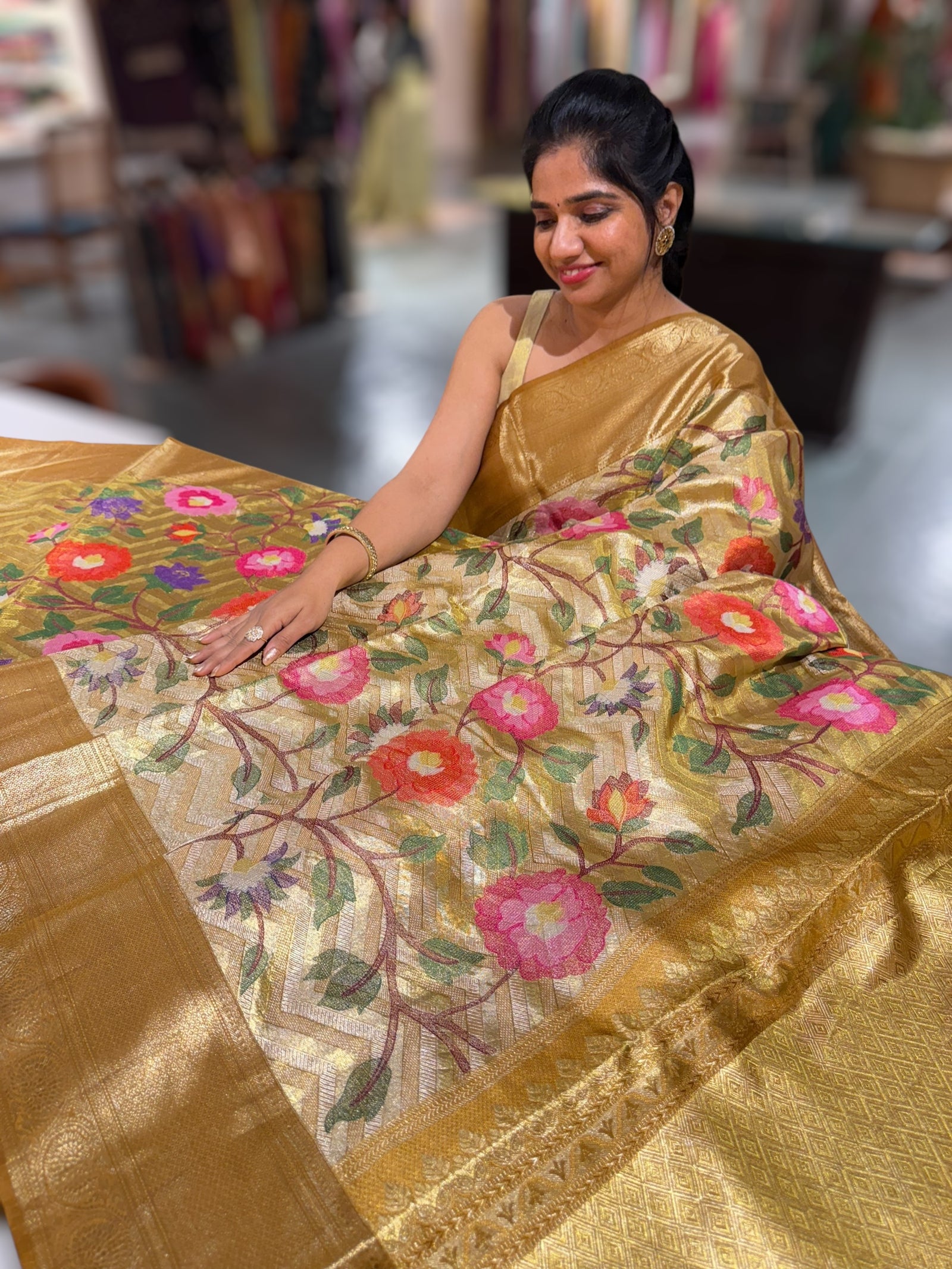 Molten Gold Kanjeevaram Tissue Saree with allover embroidery