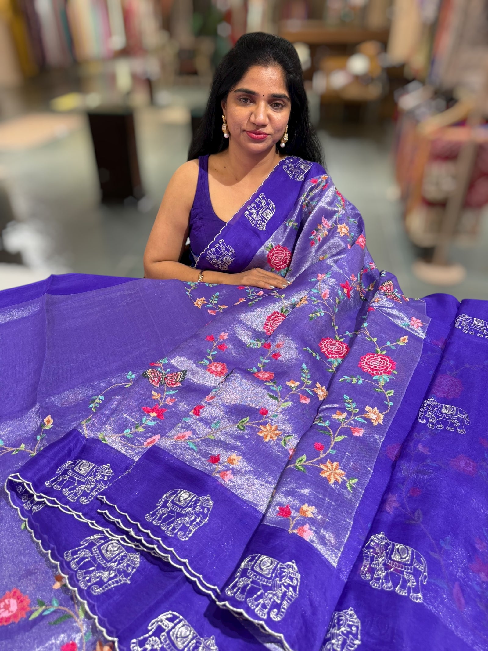 Purple Premium Handloom Designer Tissue saree with exquisite embroidery