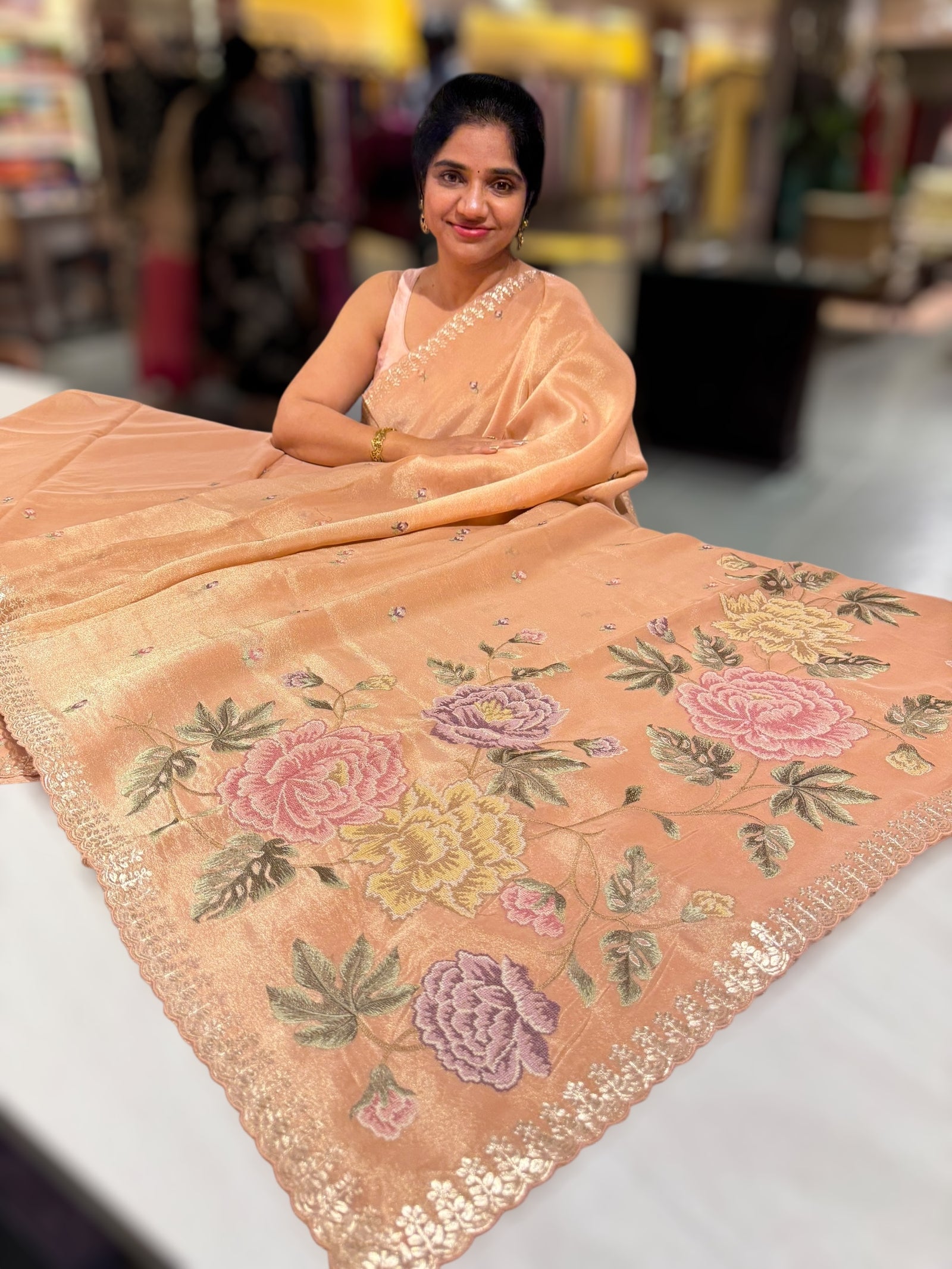 Peach Tissue Georgette Saree with petite point emb