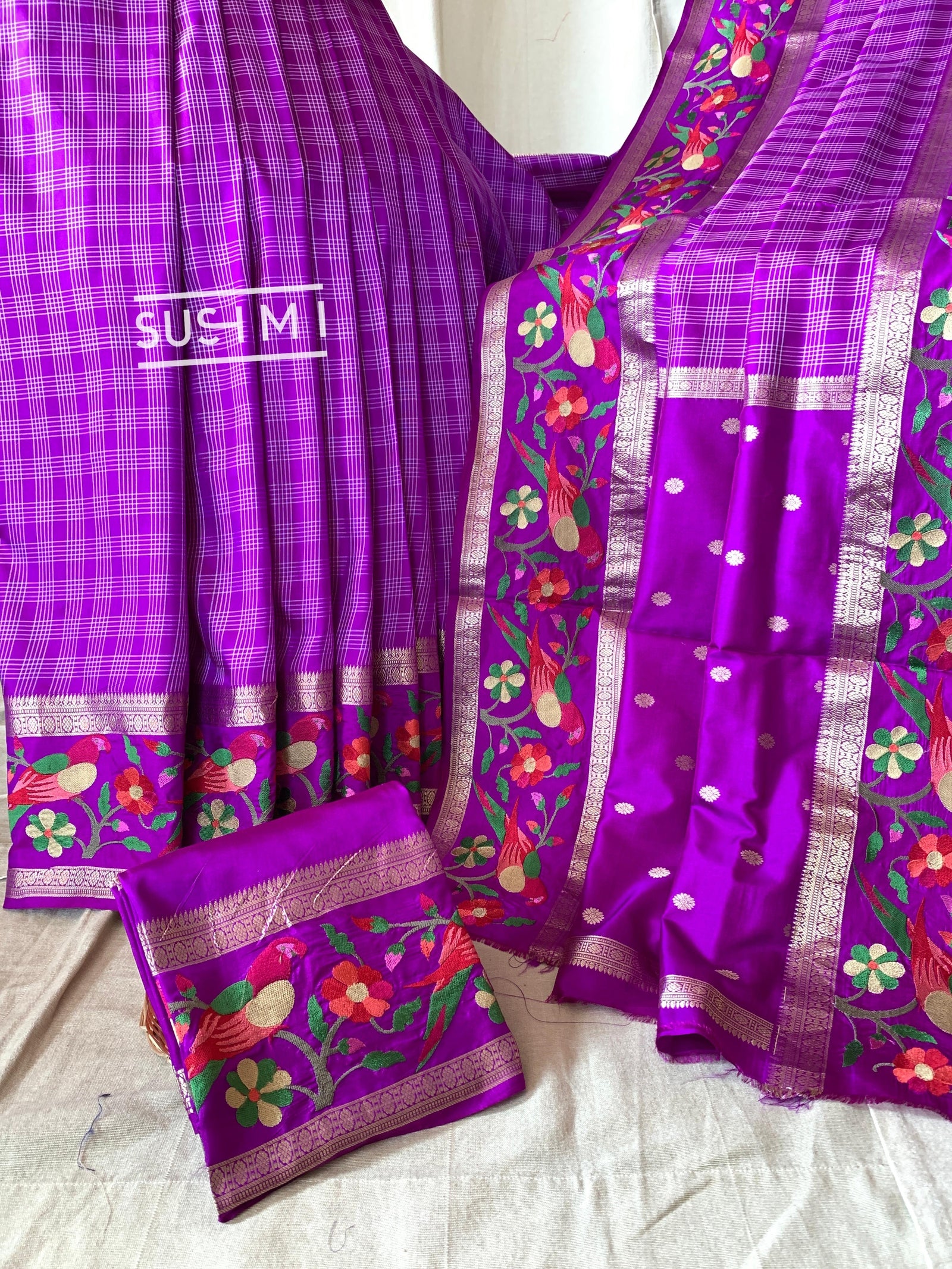 Majenta Vintage checks Kanjeevaram soft silk saree with embroidery D62F041