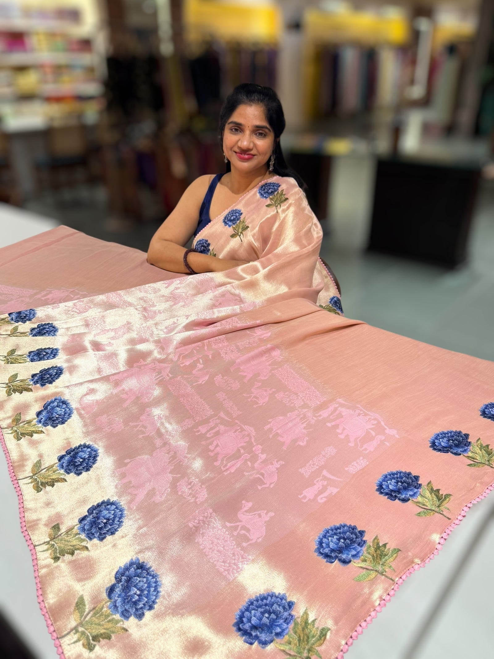 Baby Pink Banarasi Brocade tissue saree with tonchui style weaving & embroidered dahlia flower border
