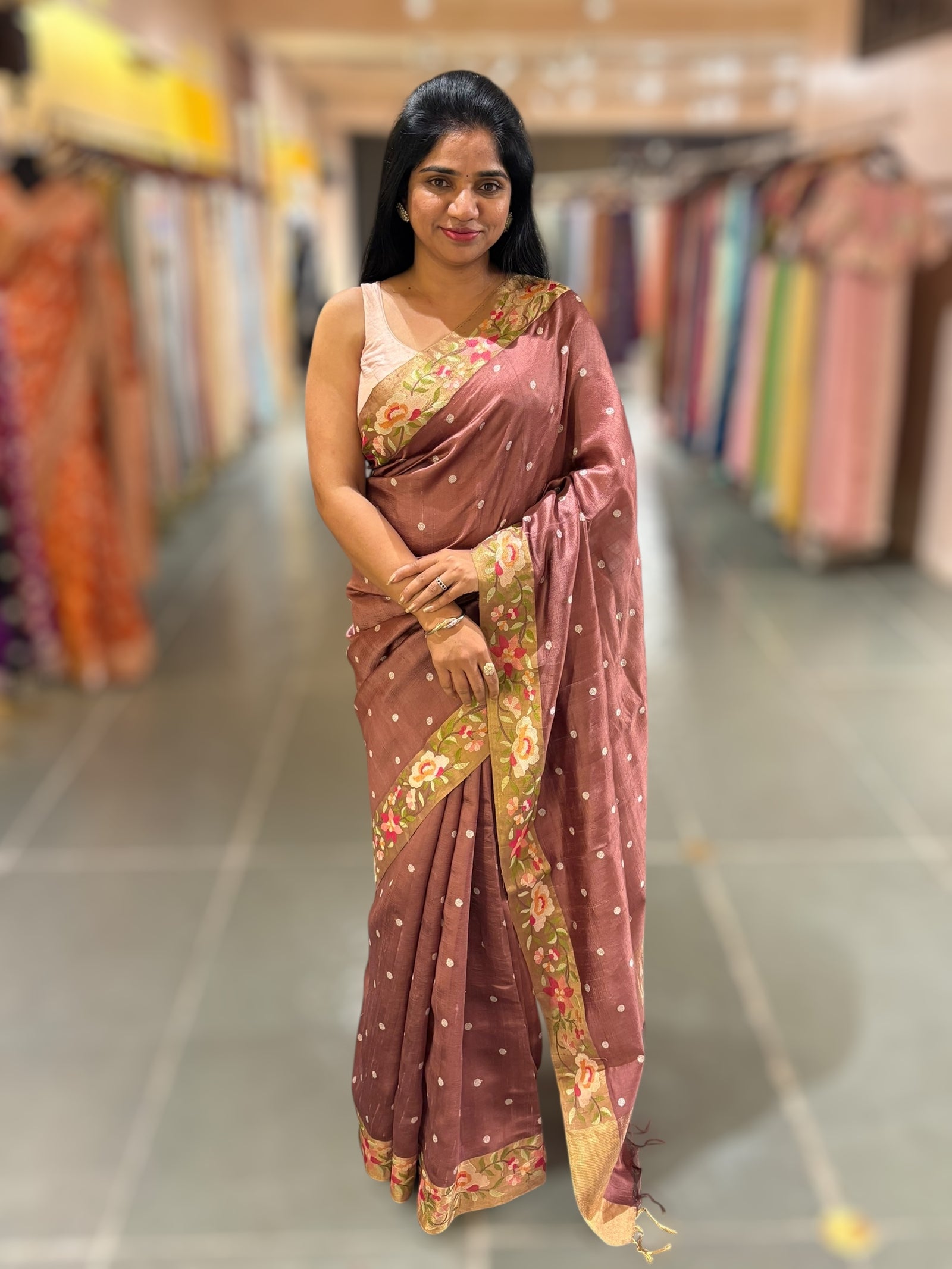 English Brown Raw Silk Saree with Embroidery