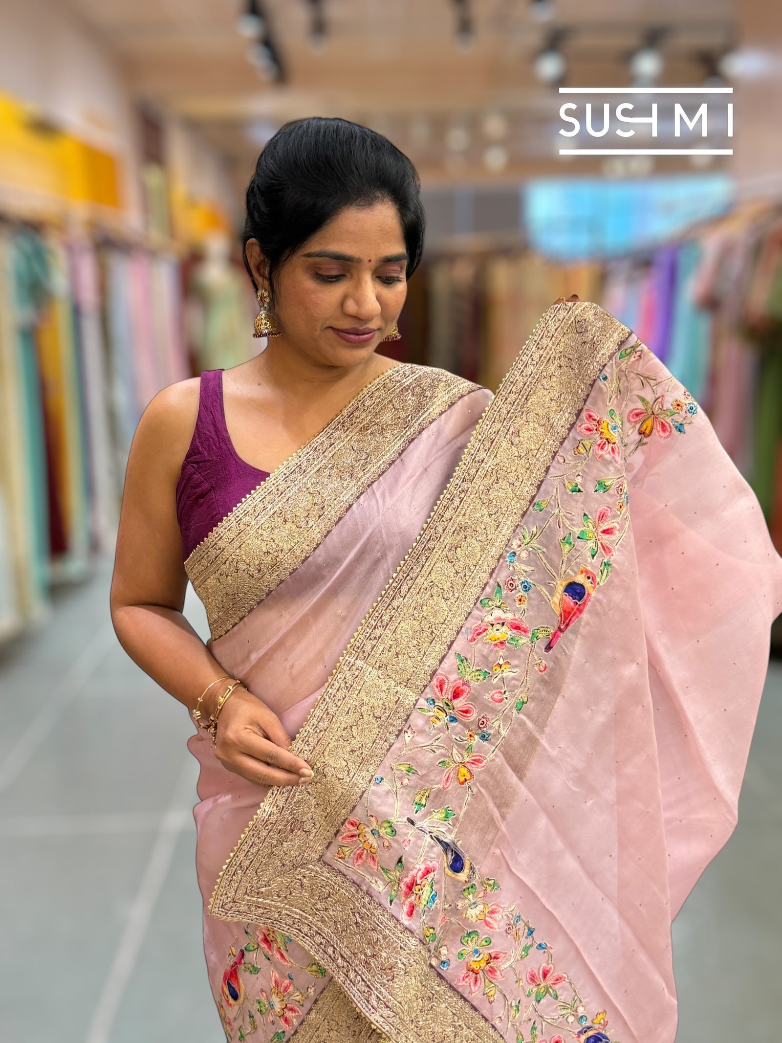 Dusty Pink Organza Banarasi Fusion Saree with Bird Appliqué : SM019