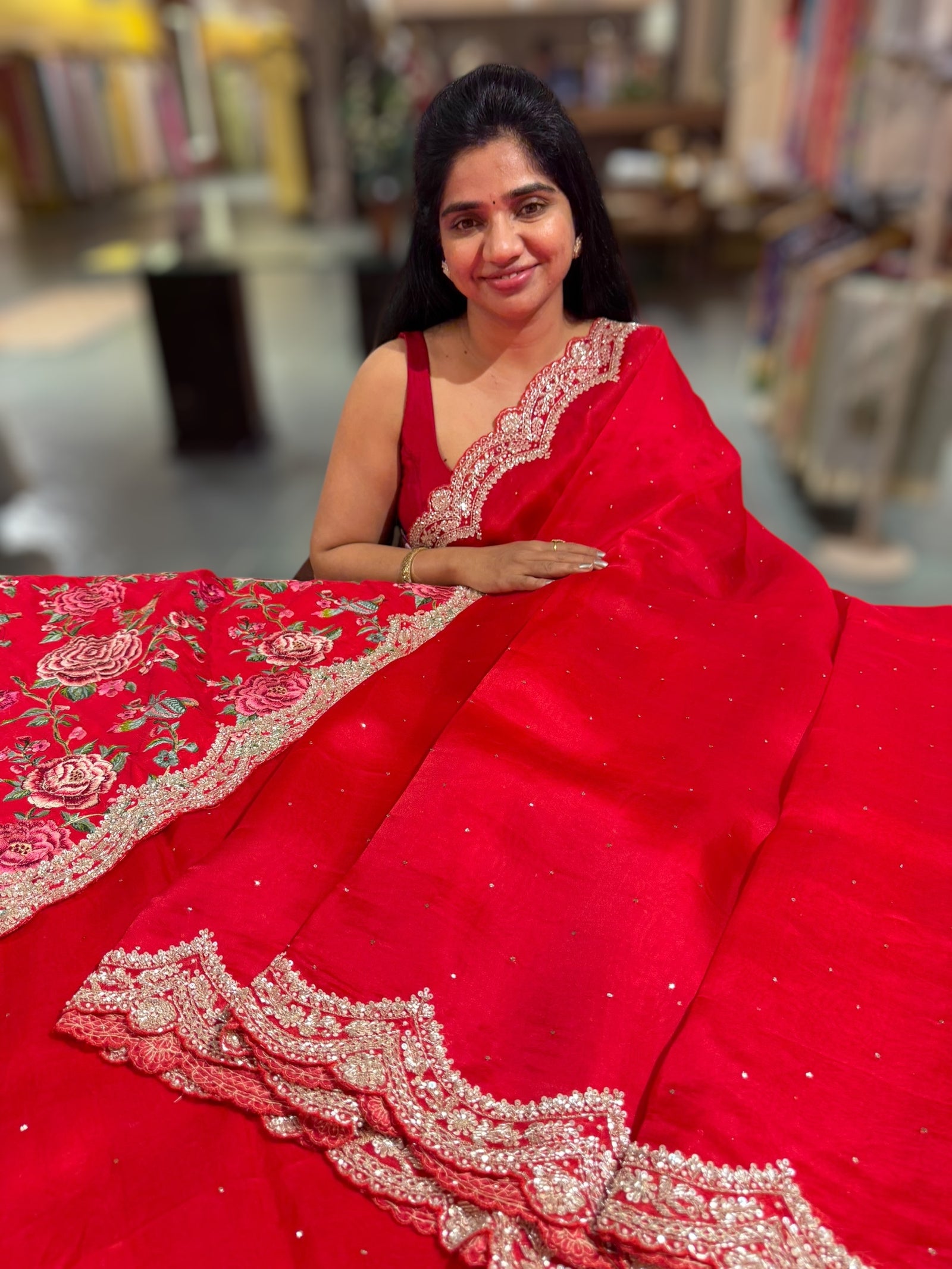 Chilli Red Pure Organza Handwork Saree with heavy Designer Blouse