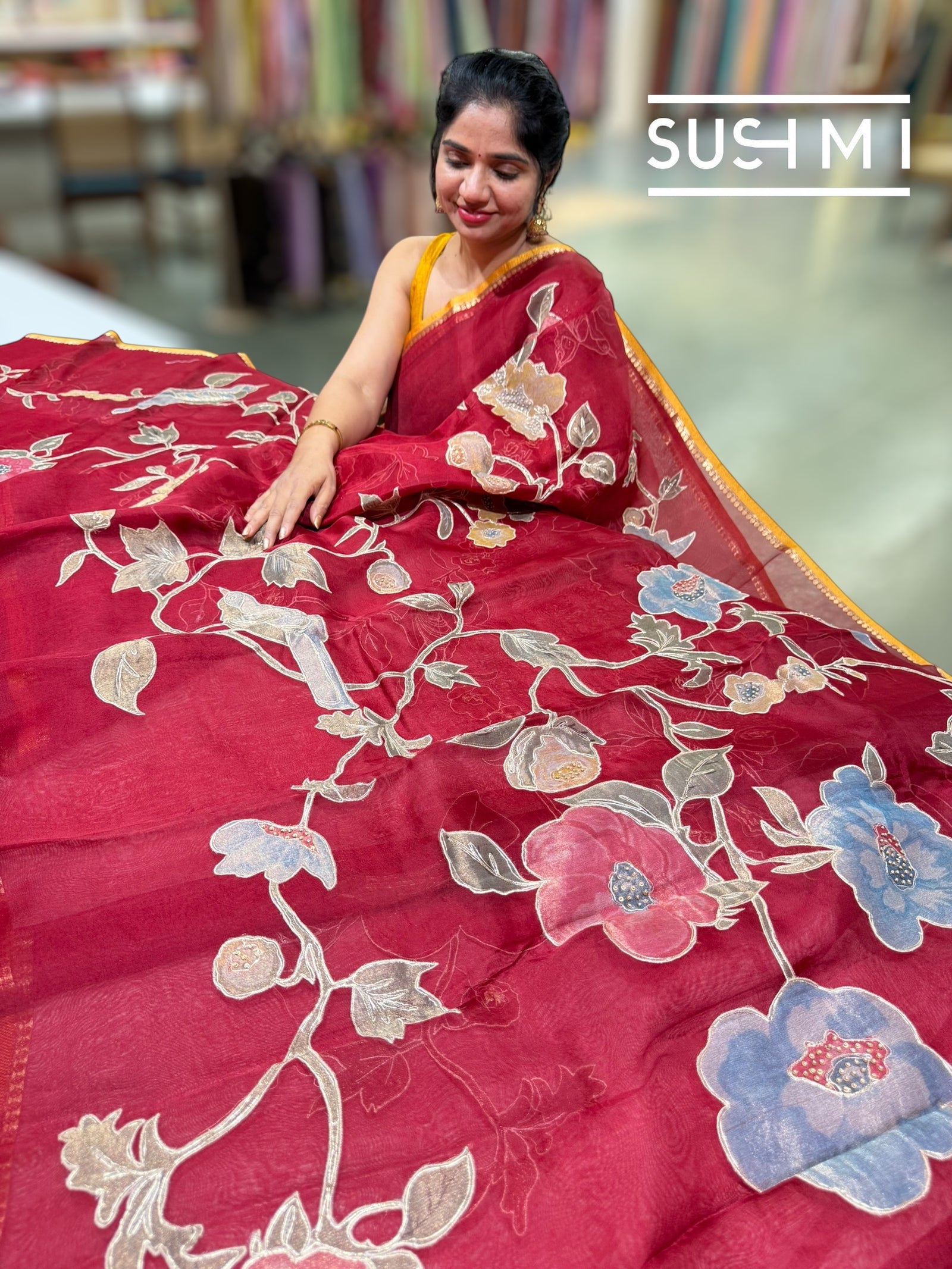 Dark Red Designer Organza with Tissue applique work : S62F096