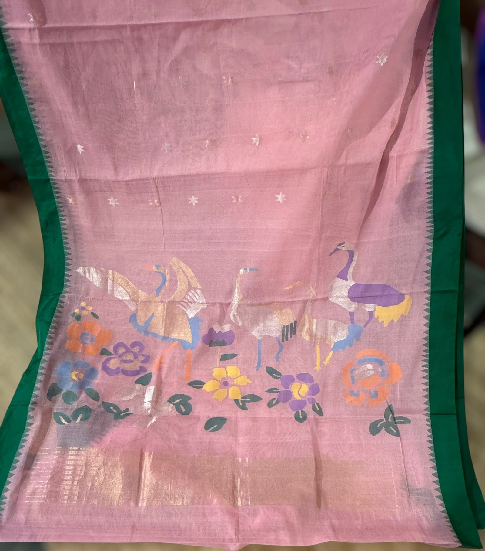 Baby Pink Ponduru Khadi Saree with Silk Temple Border & Jamdani Duck Pallu