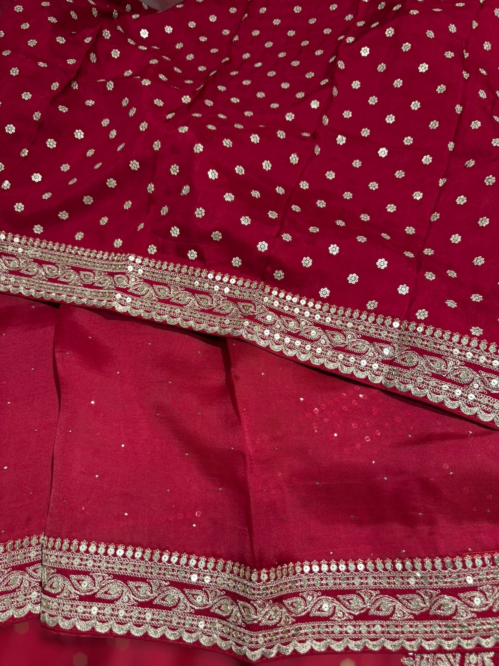 Maroon Red Pure Organza Saree with allover mukaish work & sabyasachi borders