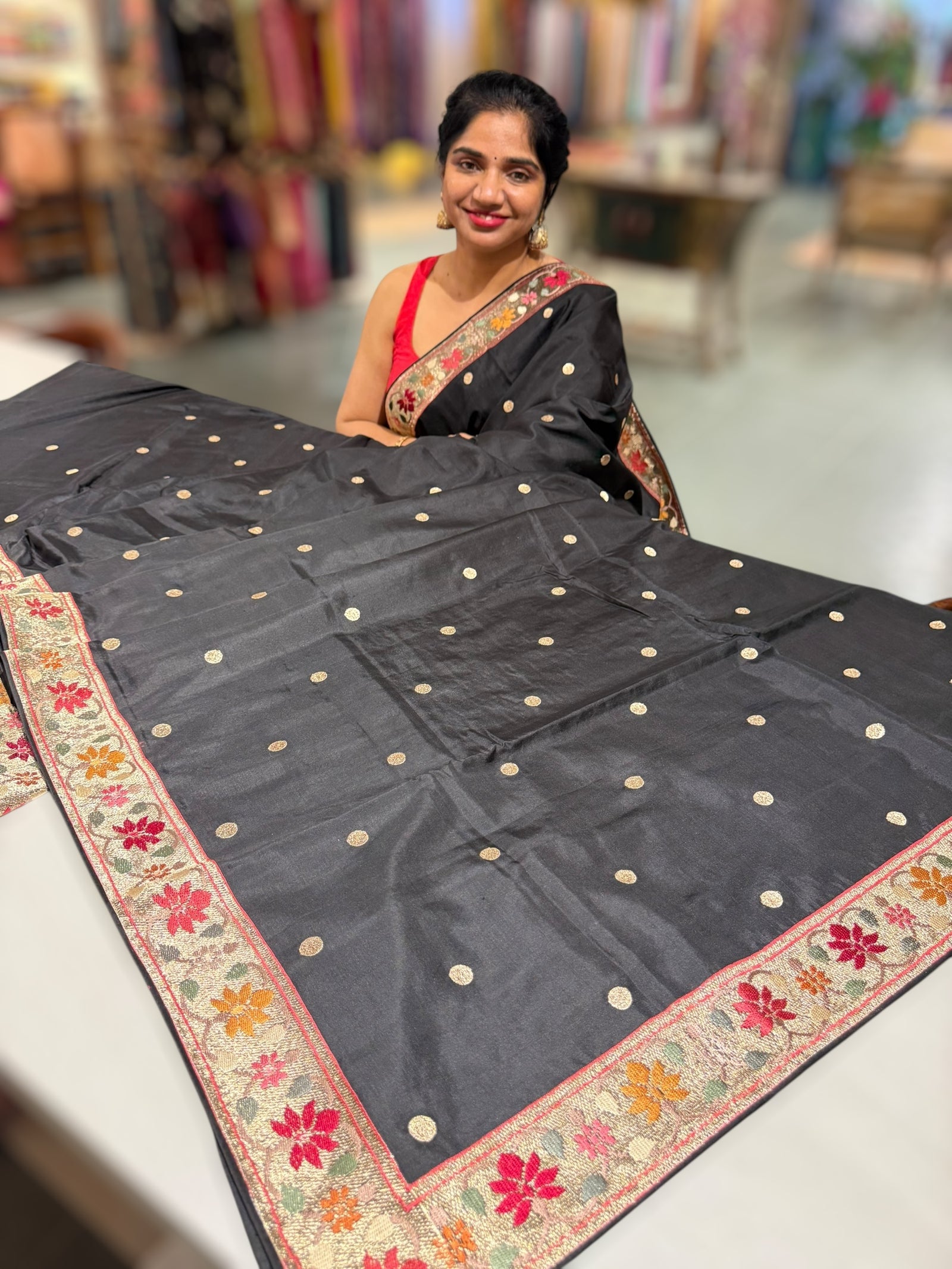Black Kanchi soft silk saree with pythani and jamdani inspired embroidery