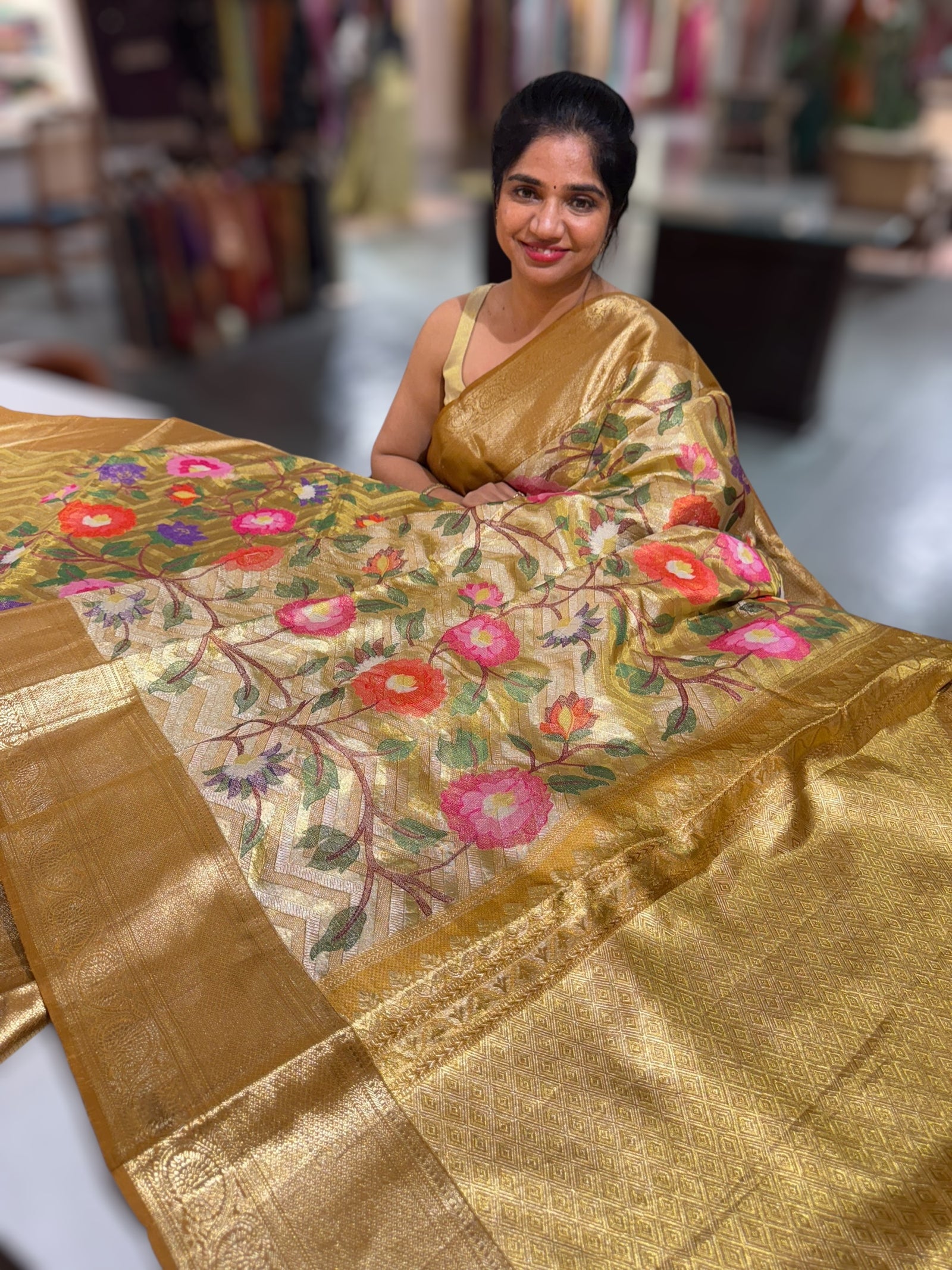 Molten Gold Kanjeevaram Tissue Saree with allover embroidery