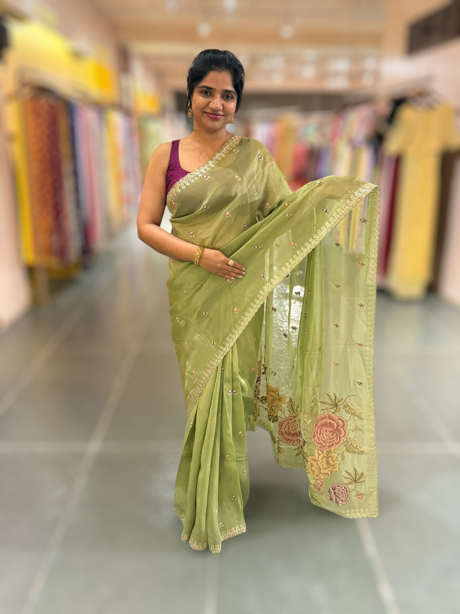 Light Olive Green Tissue Georgette Saree with petite point emb