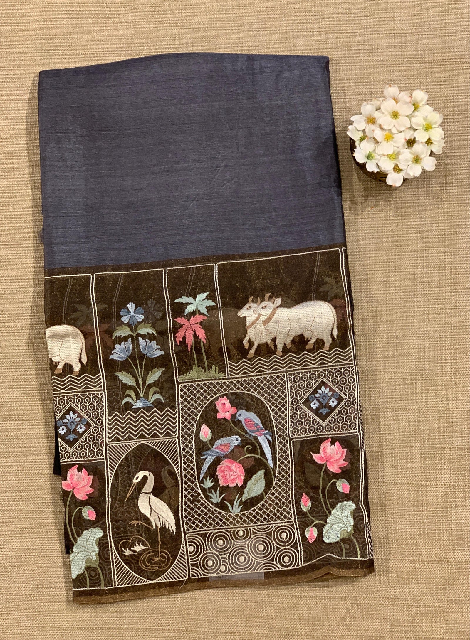 Black Kora-Tussar blend Handloom Saree with Tissue embroidered Skirt Border