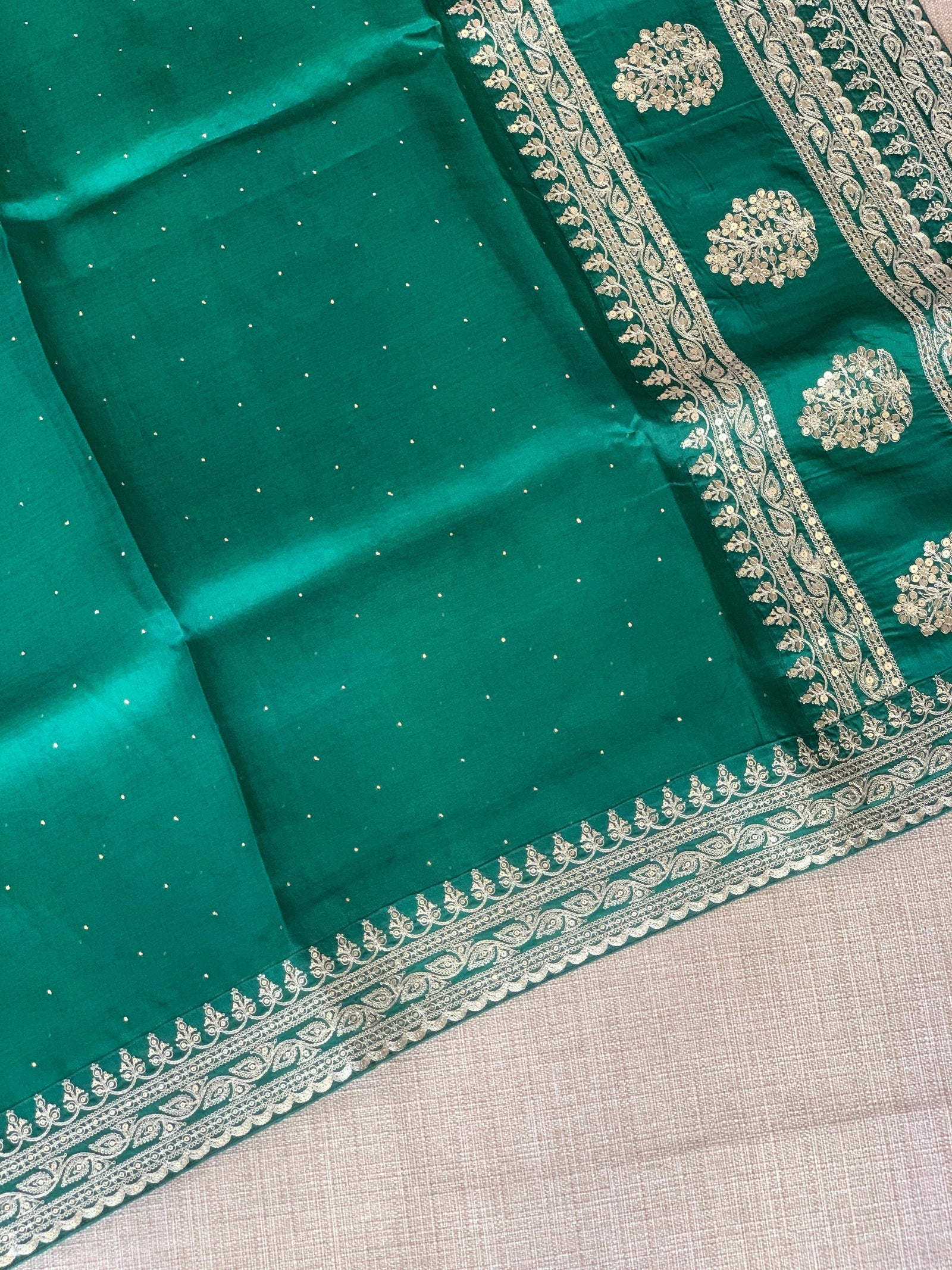 Emerald Green Pure Organza Saree with allover mukaish work & sabyasachi borders