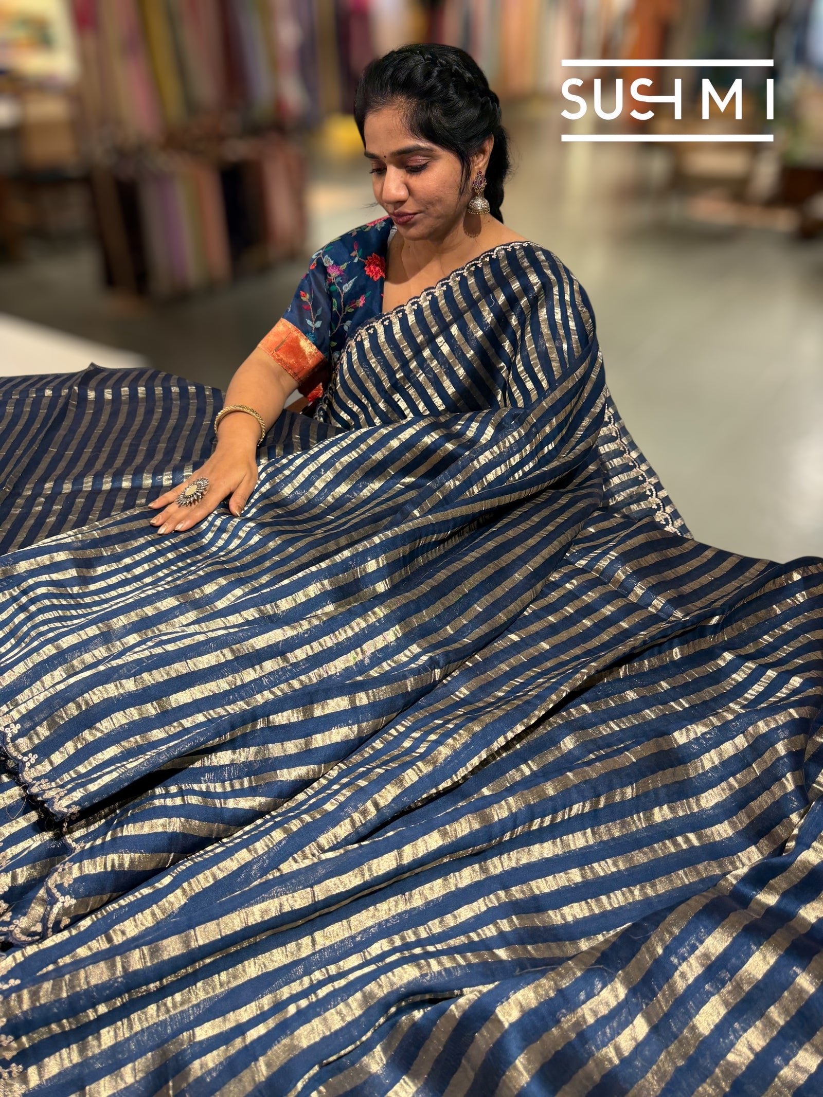 Midnight blue Mul tissue stripes saree with fusion blouse : D62134
