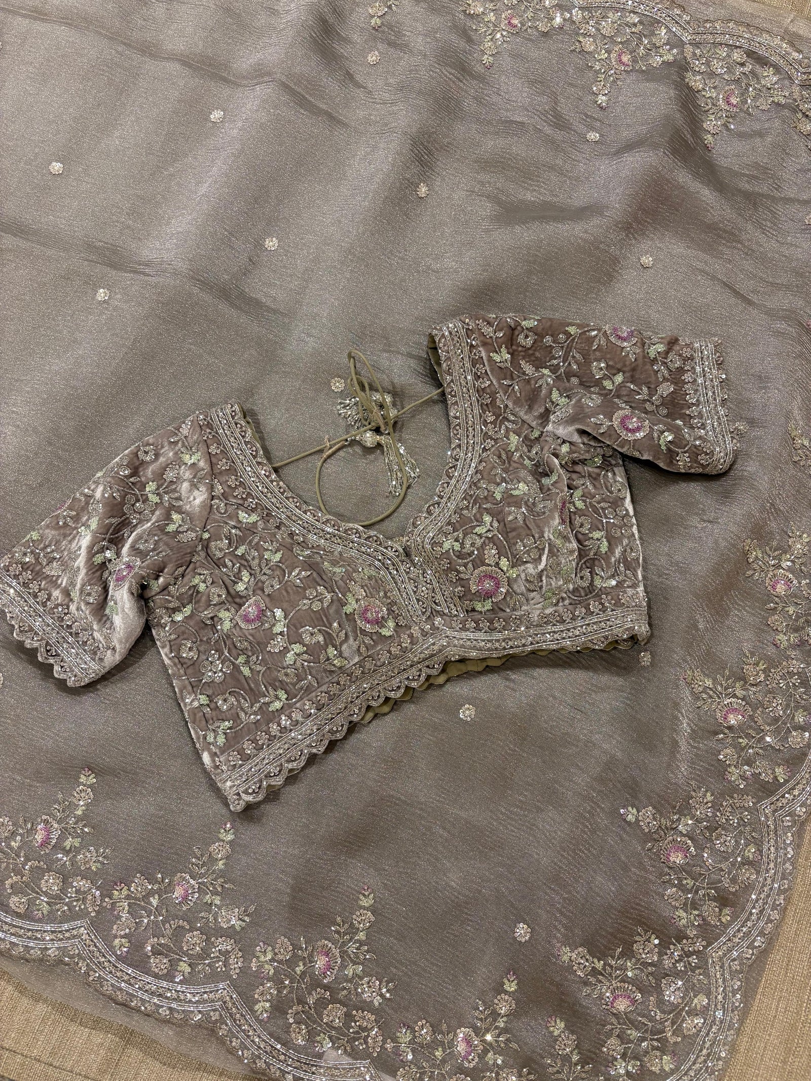 Greyish silver Crush Tissue handwork Saree