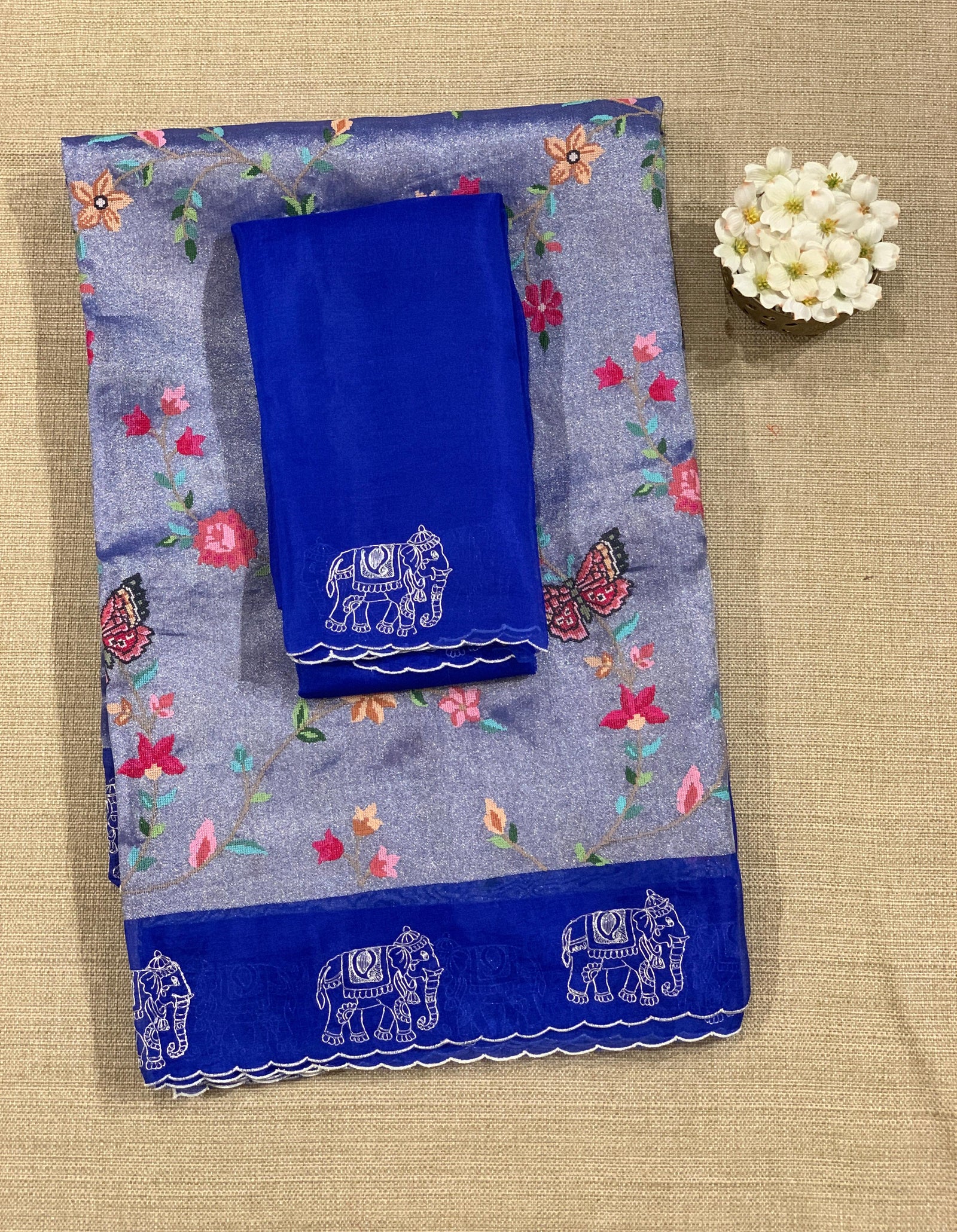 Electric Blue Premium Handloom Designer Tissue saree with exquisite embroidery