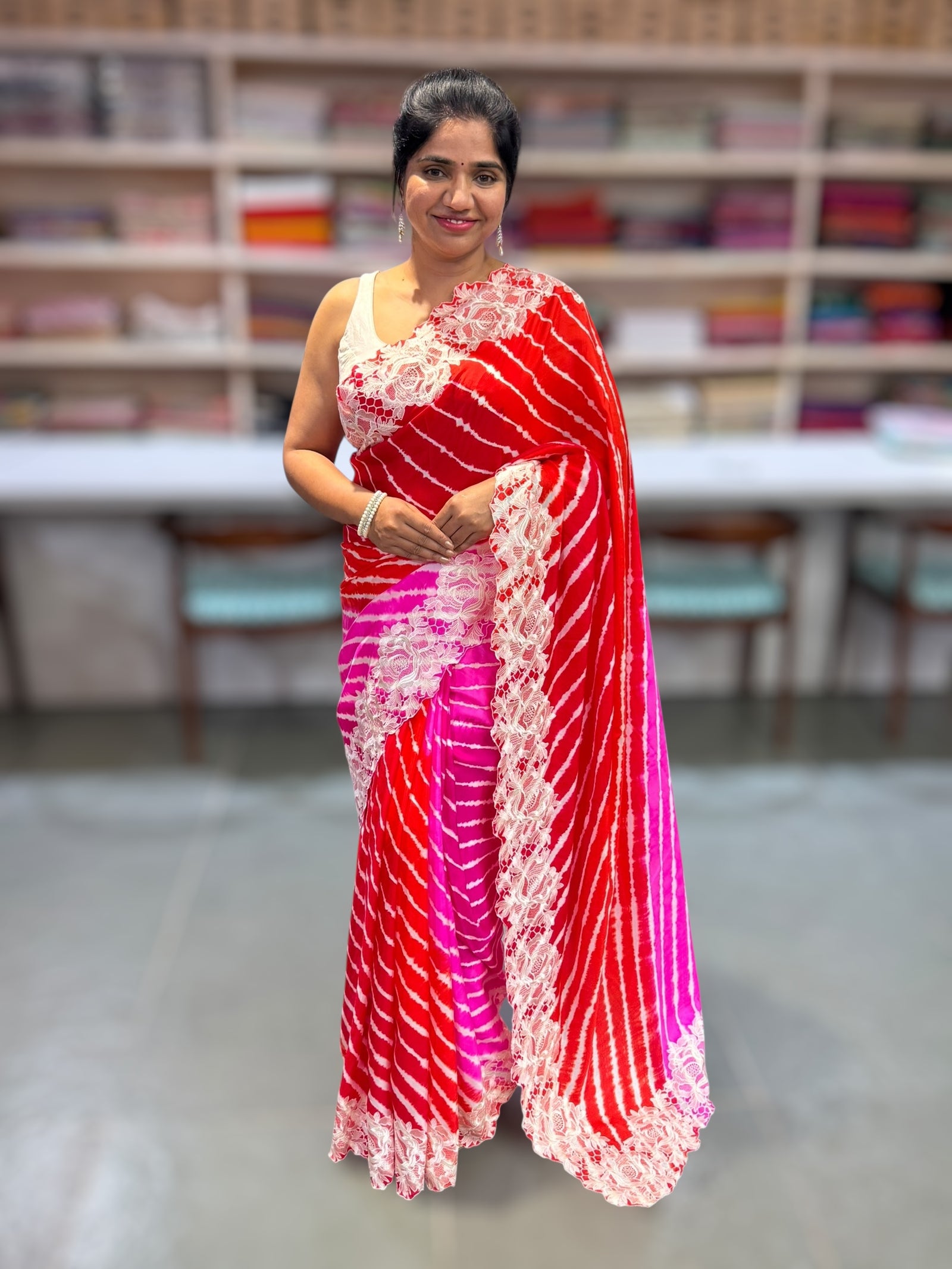 Orange and Pink Ombre dyed habutai satin Silk lehariya Saree S62F063