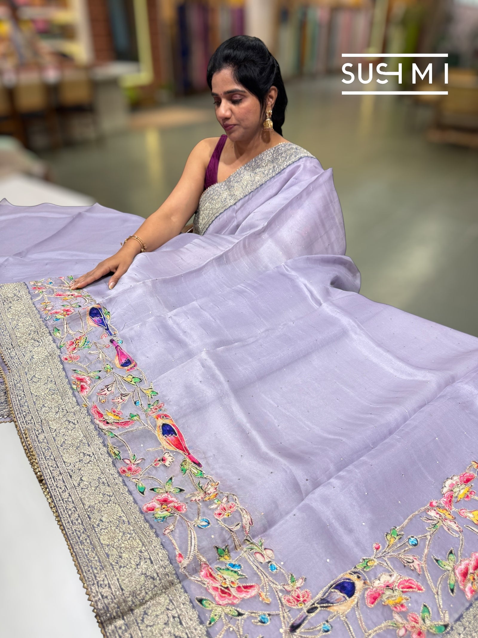 Lilac Organza Banarasi Fusion Saree with Bird Appliqué : SM020