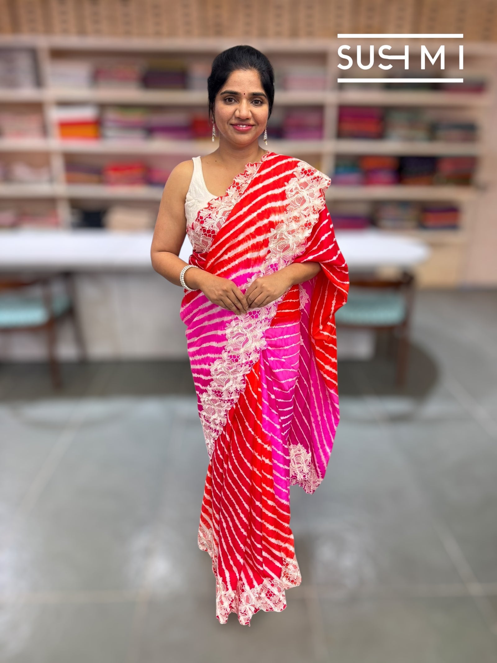 Orange and Pink Ombre dyed habutai satin Silk lehariya Saree S62F063