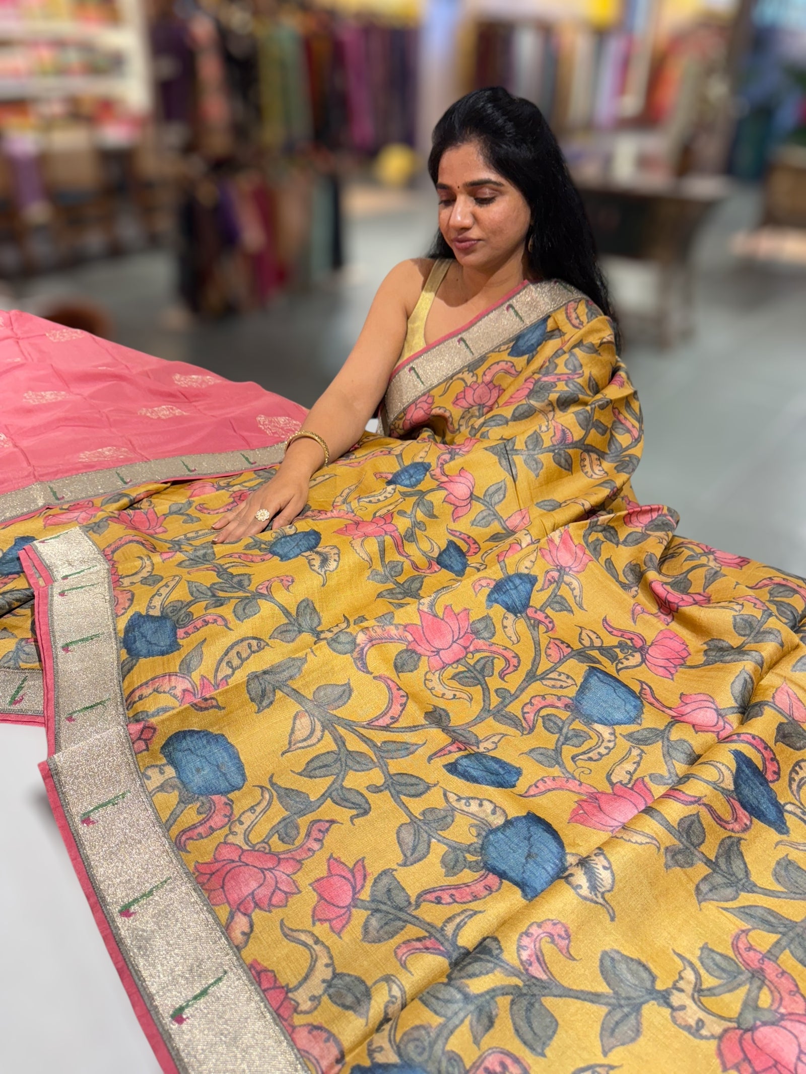 Pure Handloom Tussar kalamkari Saree with pythani single muniya borders
