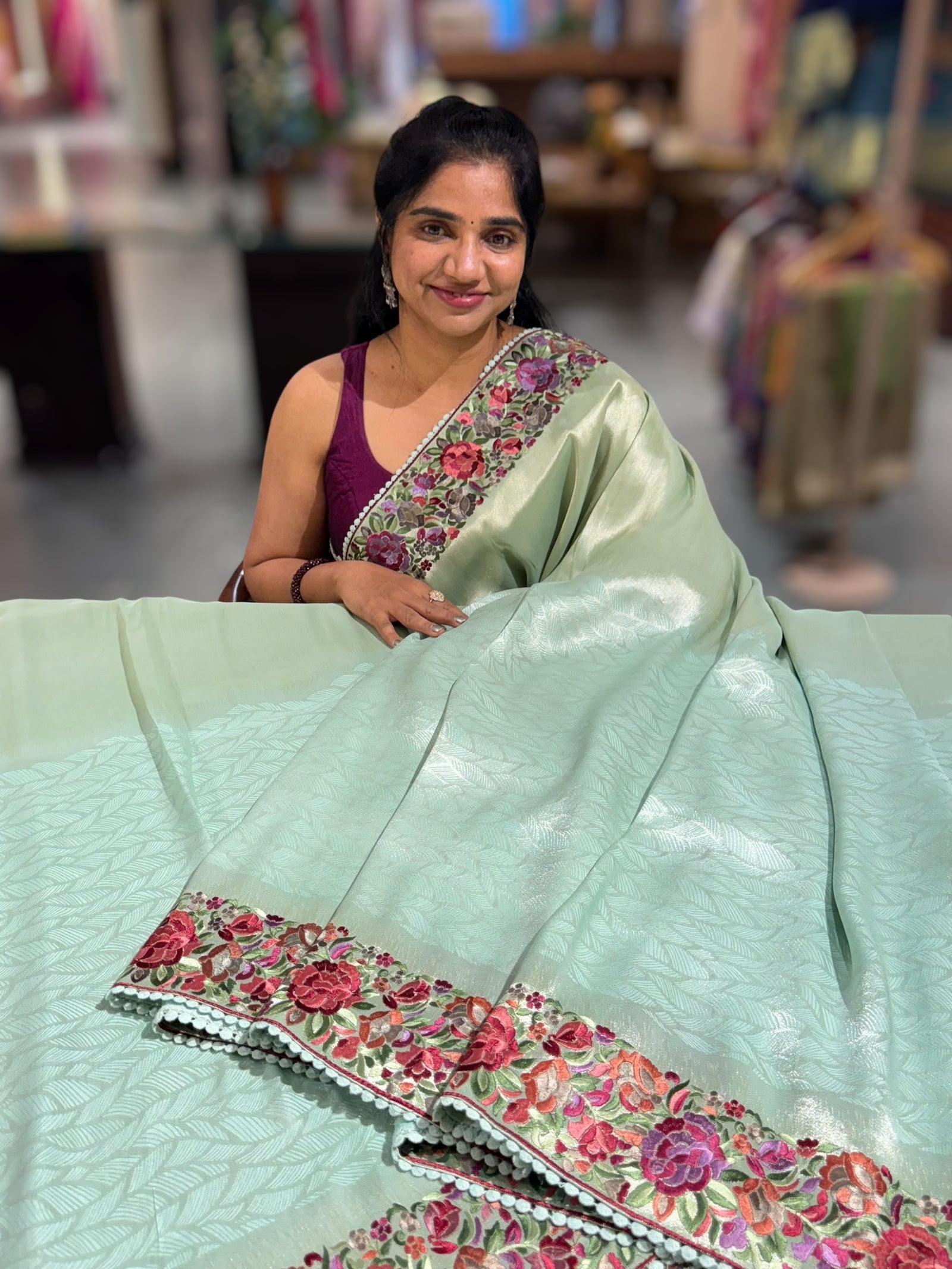 Mint Blue Banarasi Brocade tissue saree with tonchui style weaving and parsi gara embroidered border