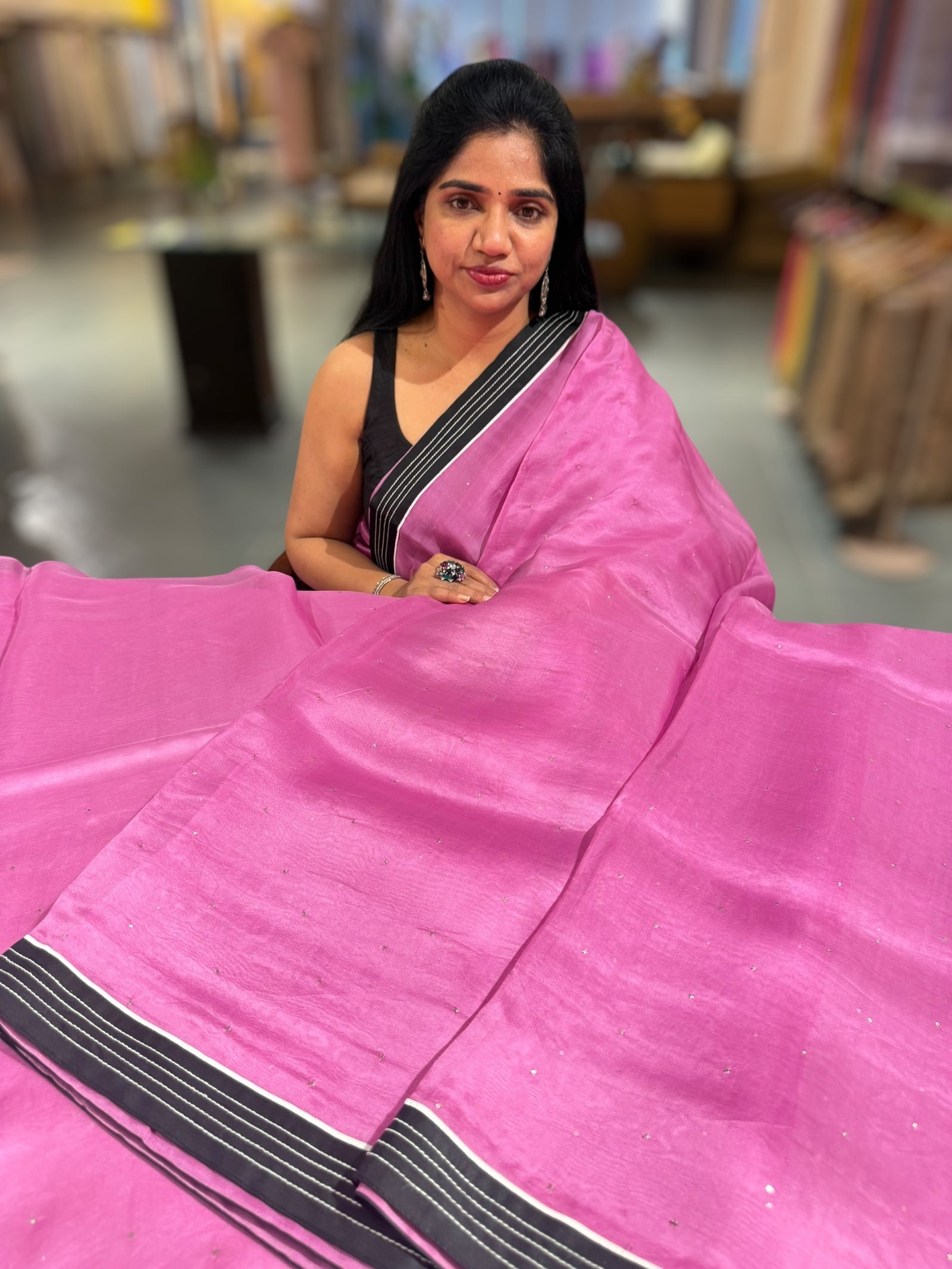 Rose Pink Organza Saree with embroidered blouse