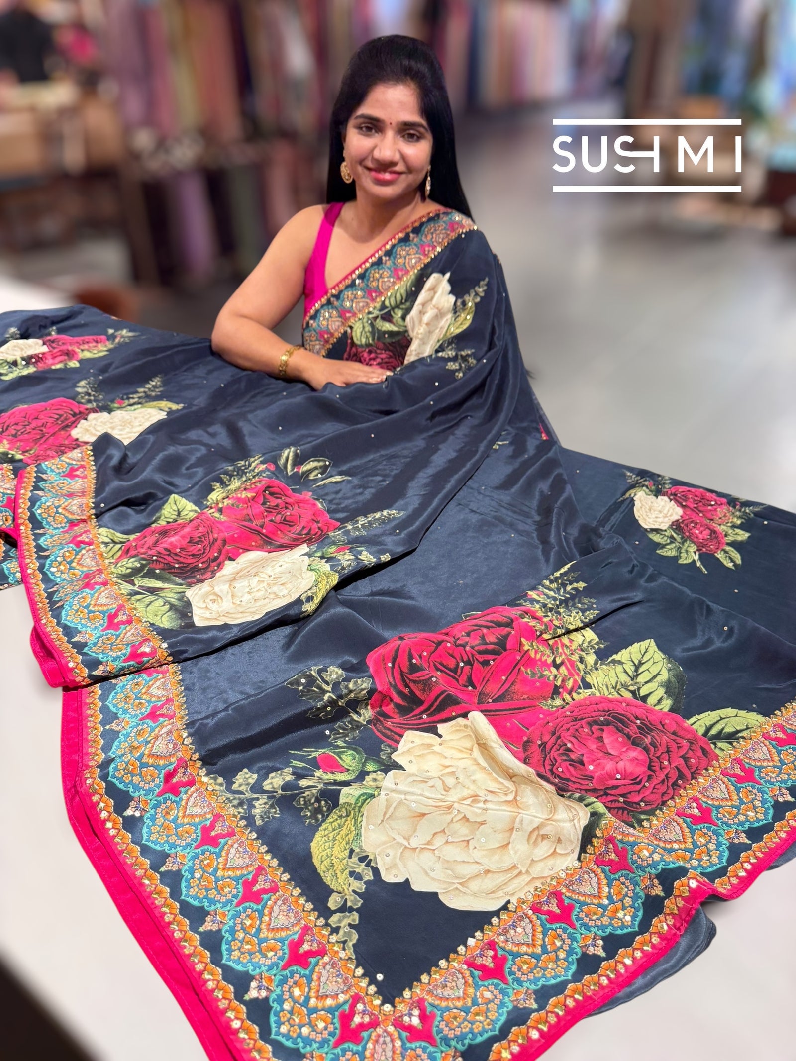 Black Designer Crepe Silk Saree : D62F031