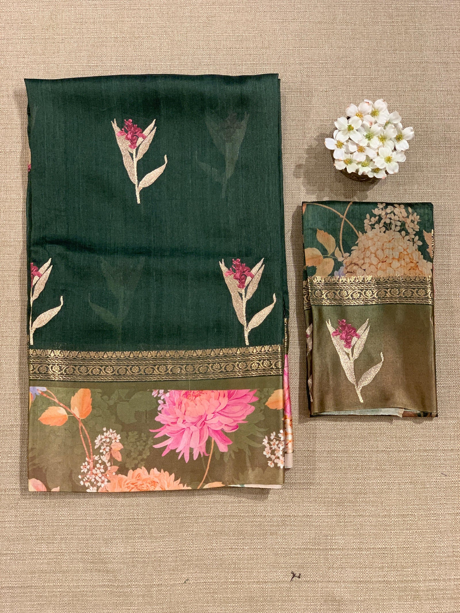 Forest Green Tussar Dhupion Saree with Floral printed mashru borders