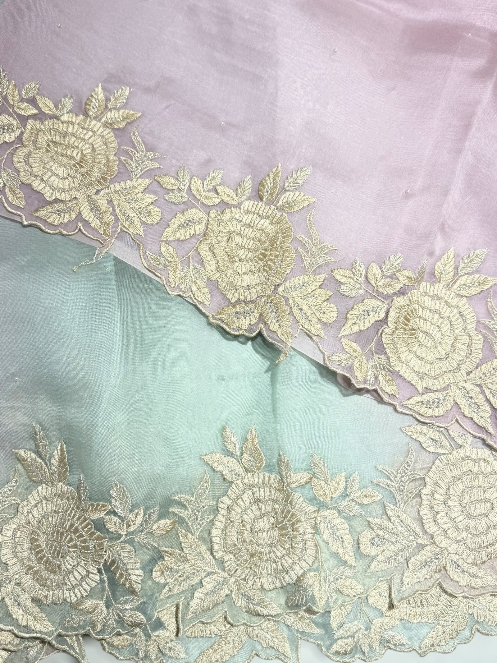 Ombre dyed Pure Organza Saree with parsi gara embroidery