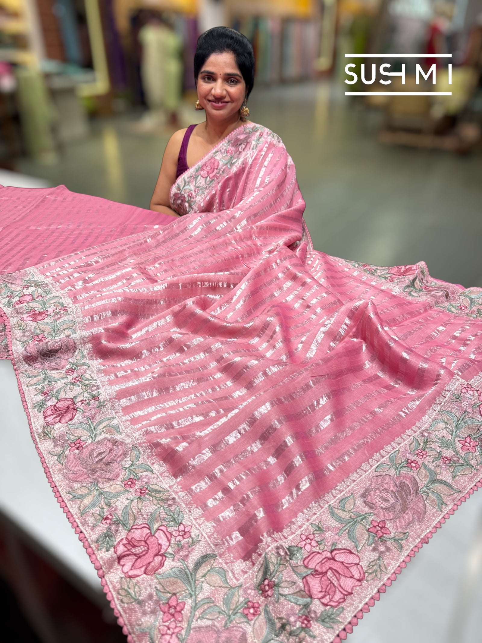 Coral Pink mul tissue Saree with embroidery : SM025