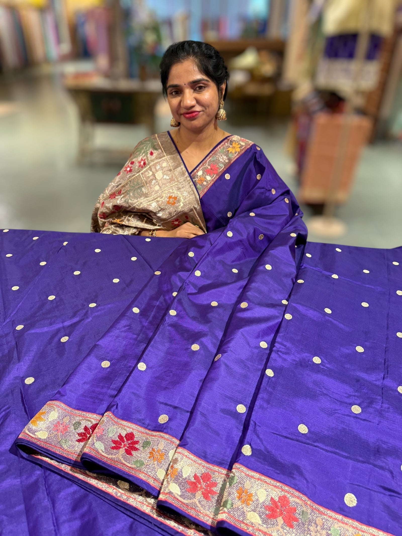 Violet Kanchi soft silk saree with pythani and jamdani inspired embroidery