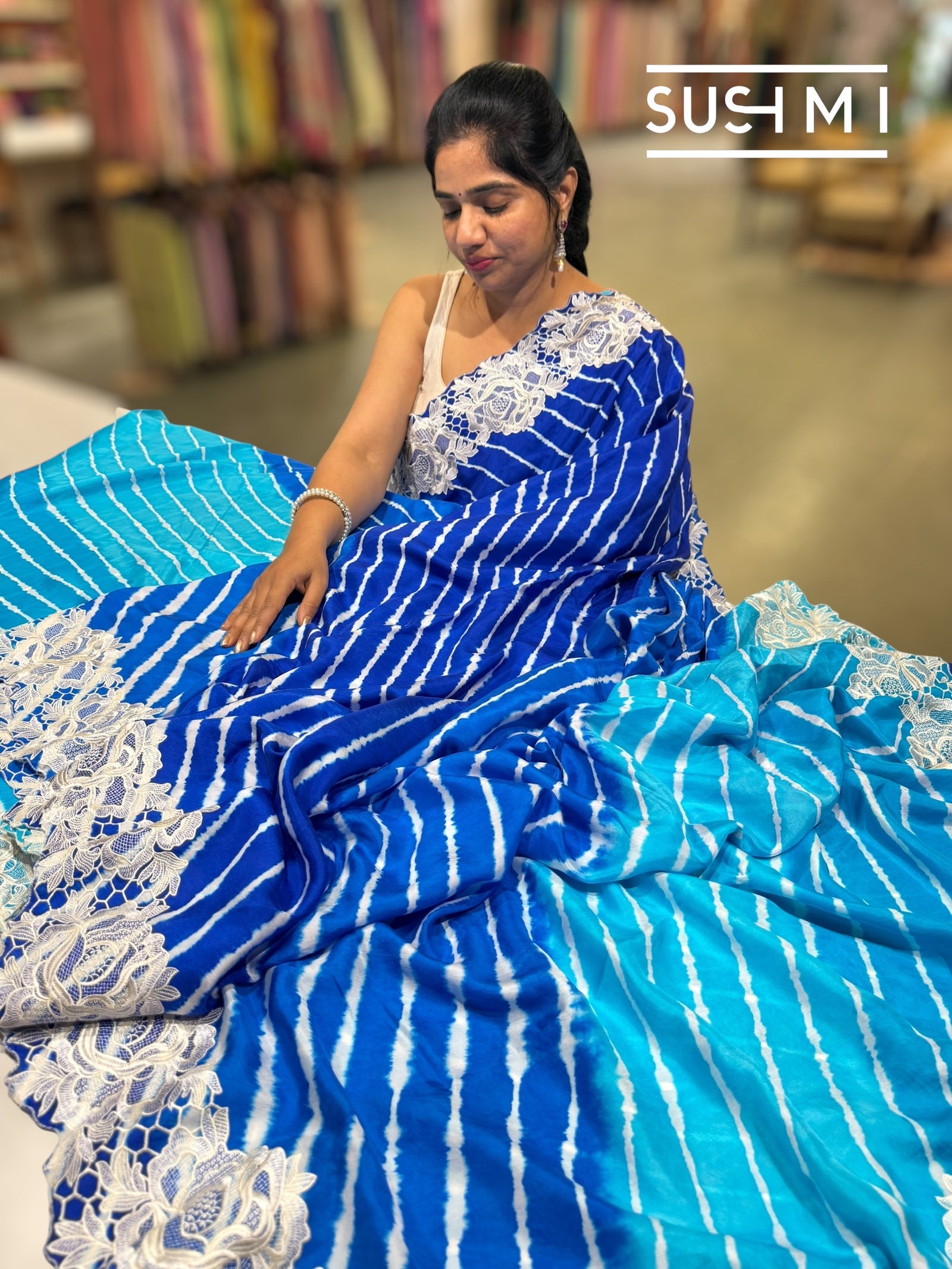 Electric Blue Ombre dyed habutai satin Silk lehariya Saree S62F064