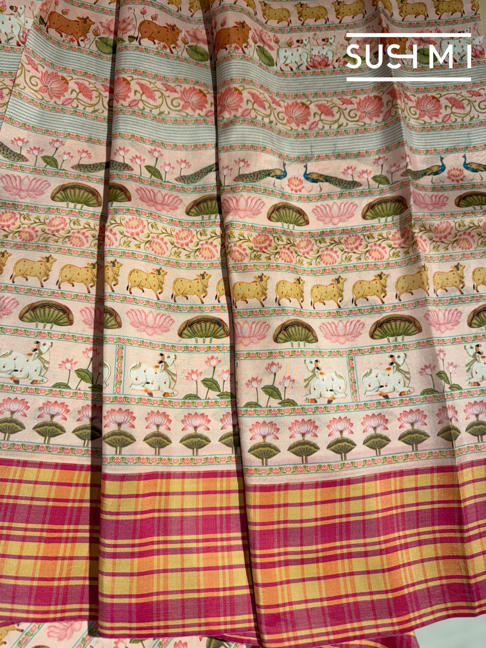 Pastel Pink printed soft silk saree with burberry checks border : D62F036