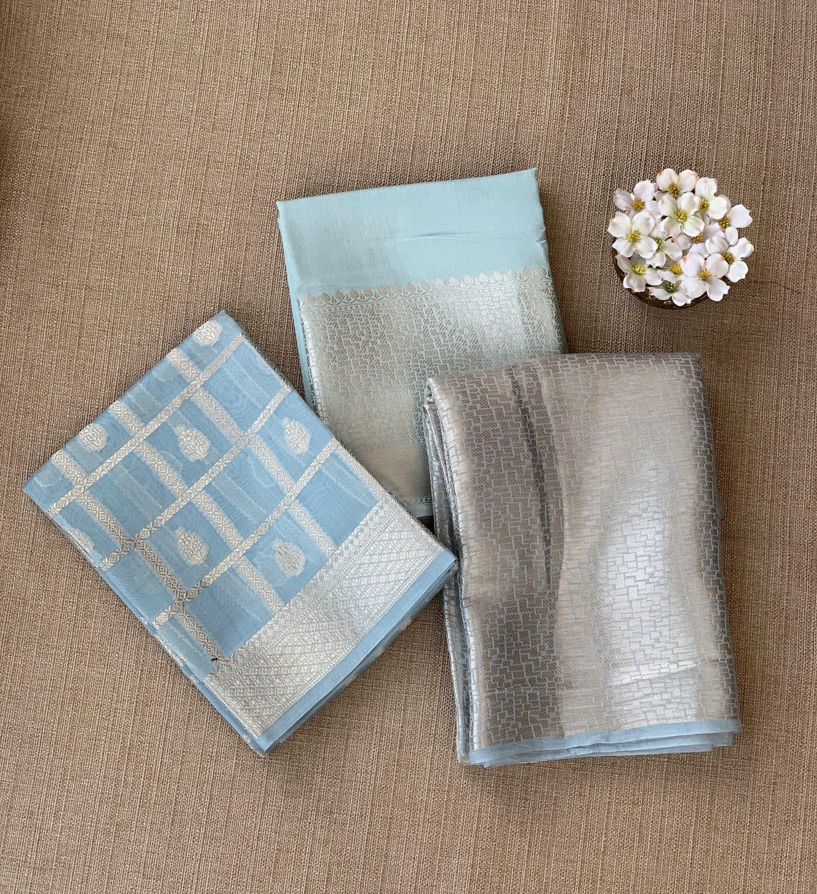 Powder Blue Banarasi Mul Silk Brocade 3-pc Sharara Suit set : SS62J16