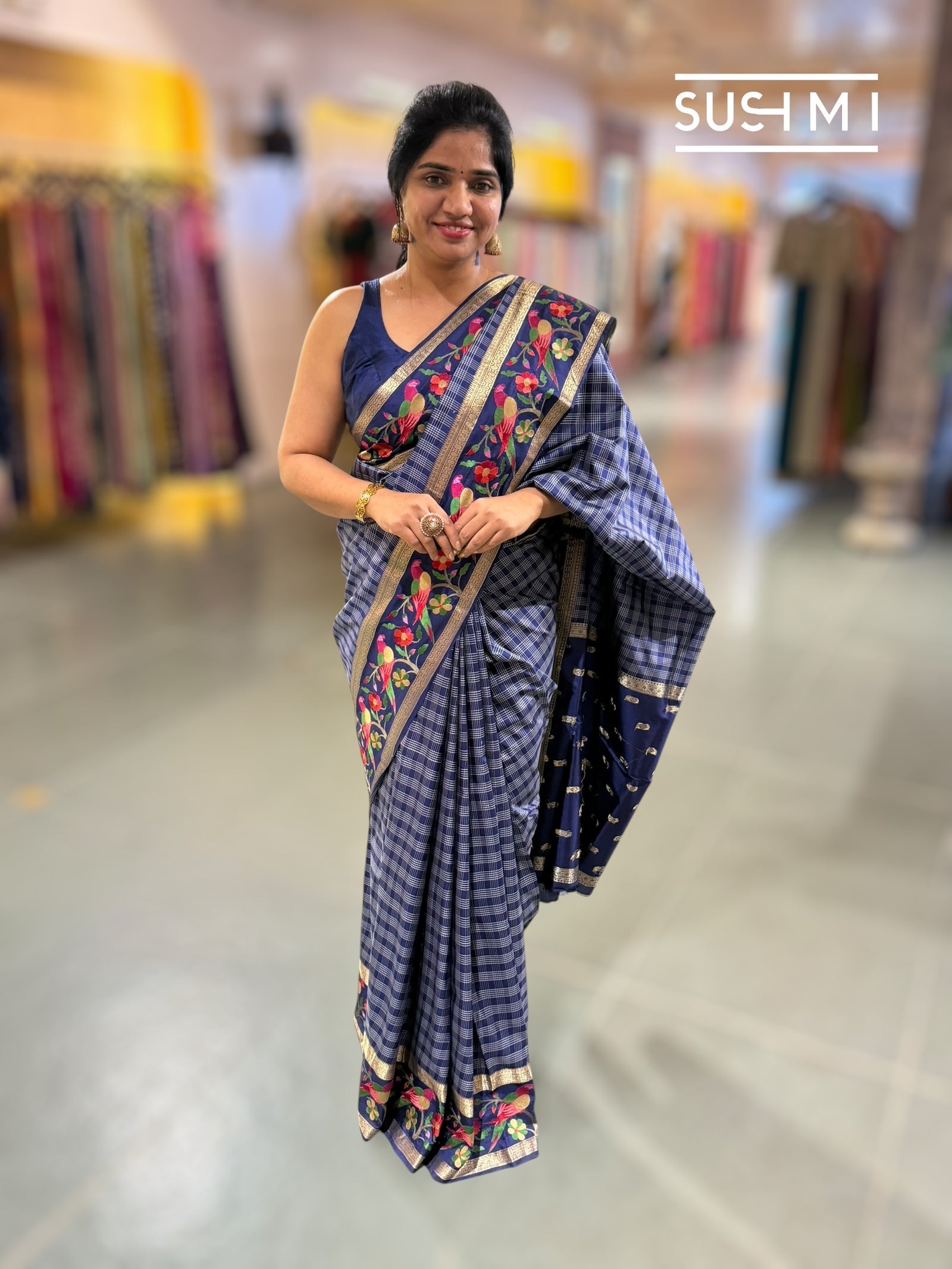 Midnight Blue Vintage checks Kanjeevaram soft silk saree with embroidery D62F040