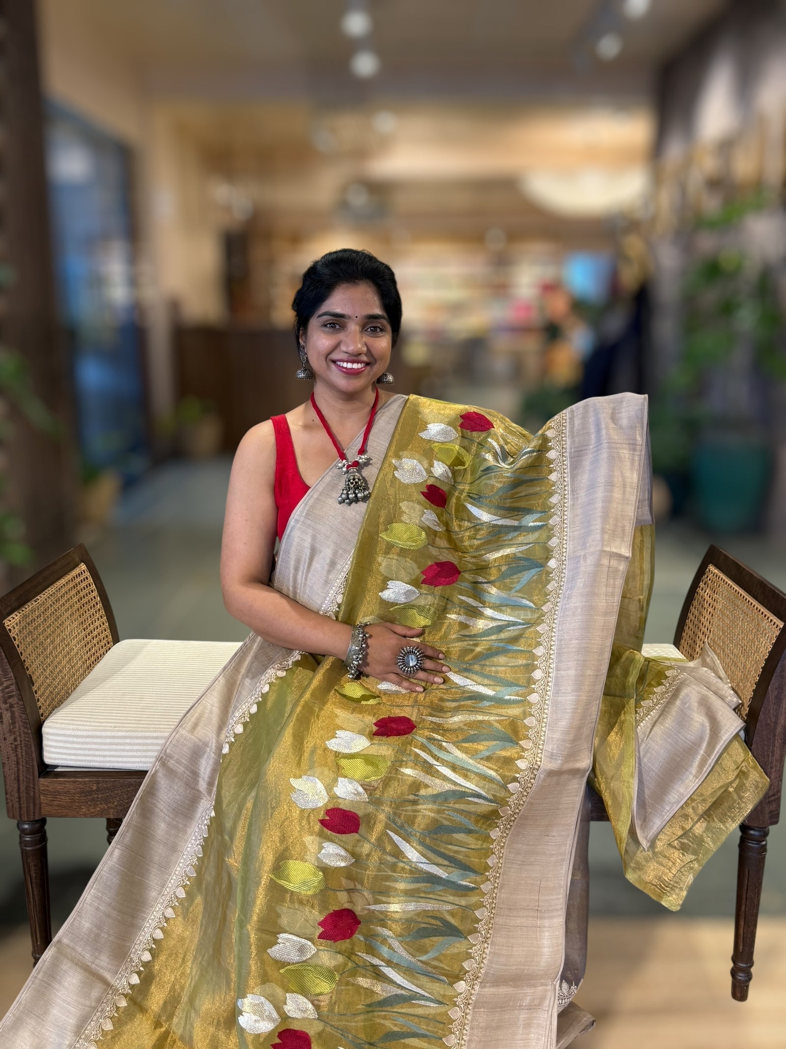 Lime Green Designer Handloom Tissue Saree With Tulip embroidery