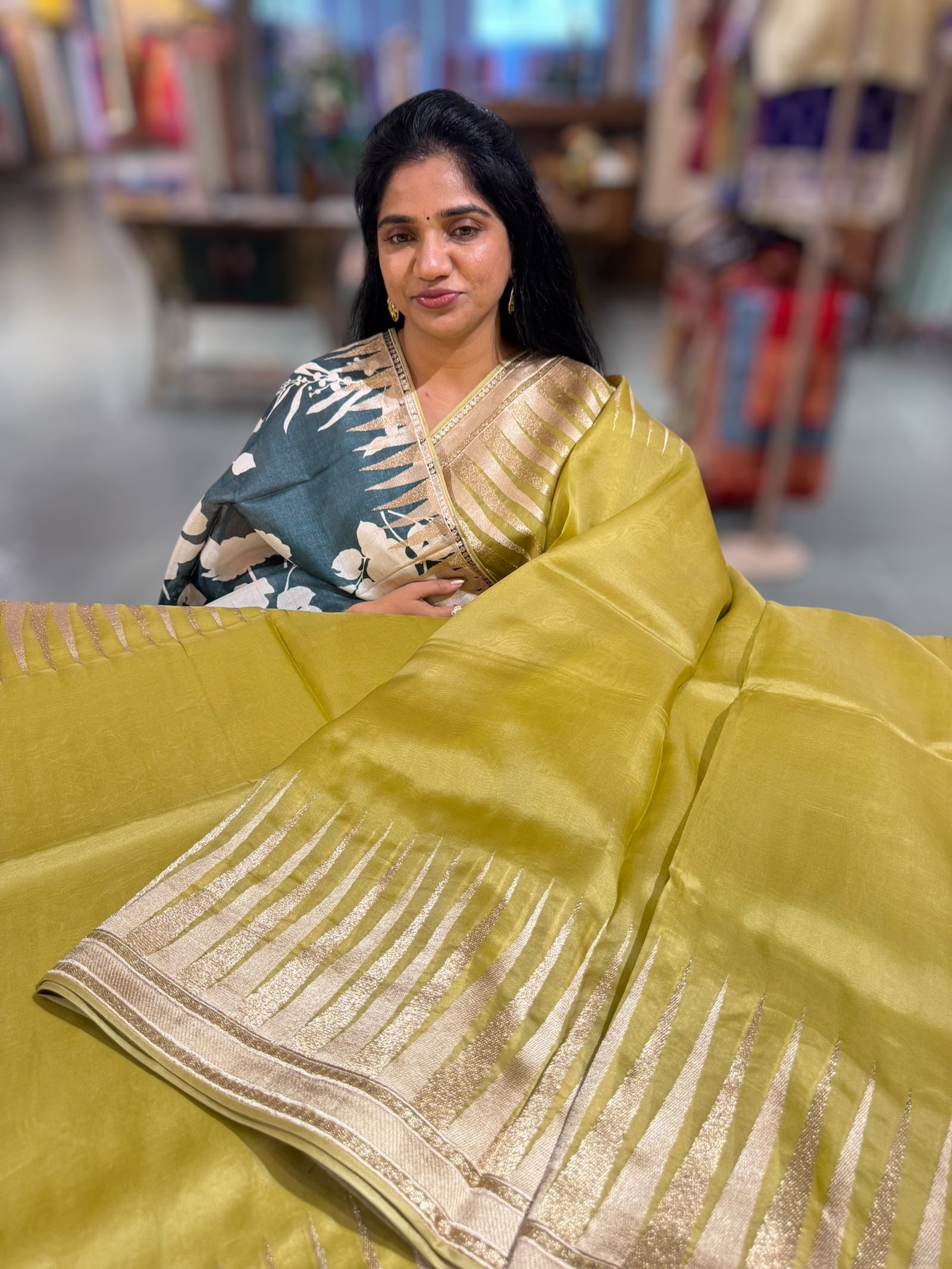 Lime Pure Organza With Temple Embroidered Border & Tussar Printed Blouse