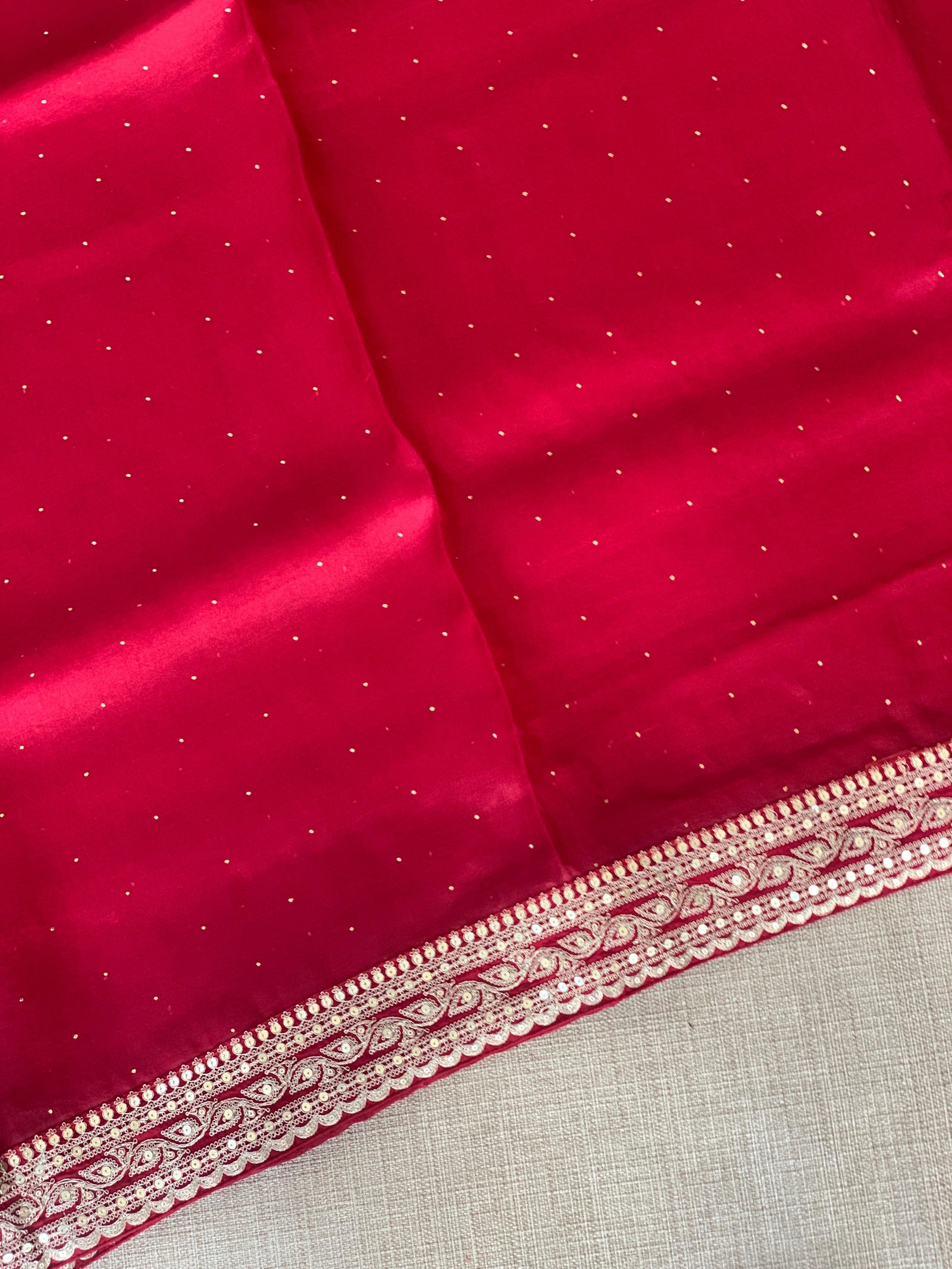 Maroon Red Pure Organza Saree with allover mukaish work & sabyasachi borders