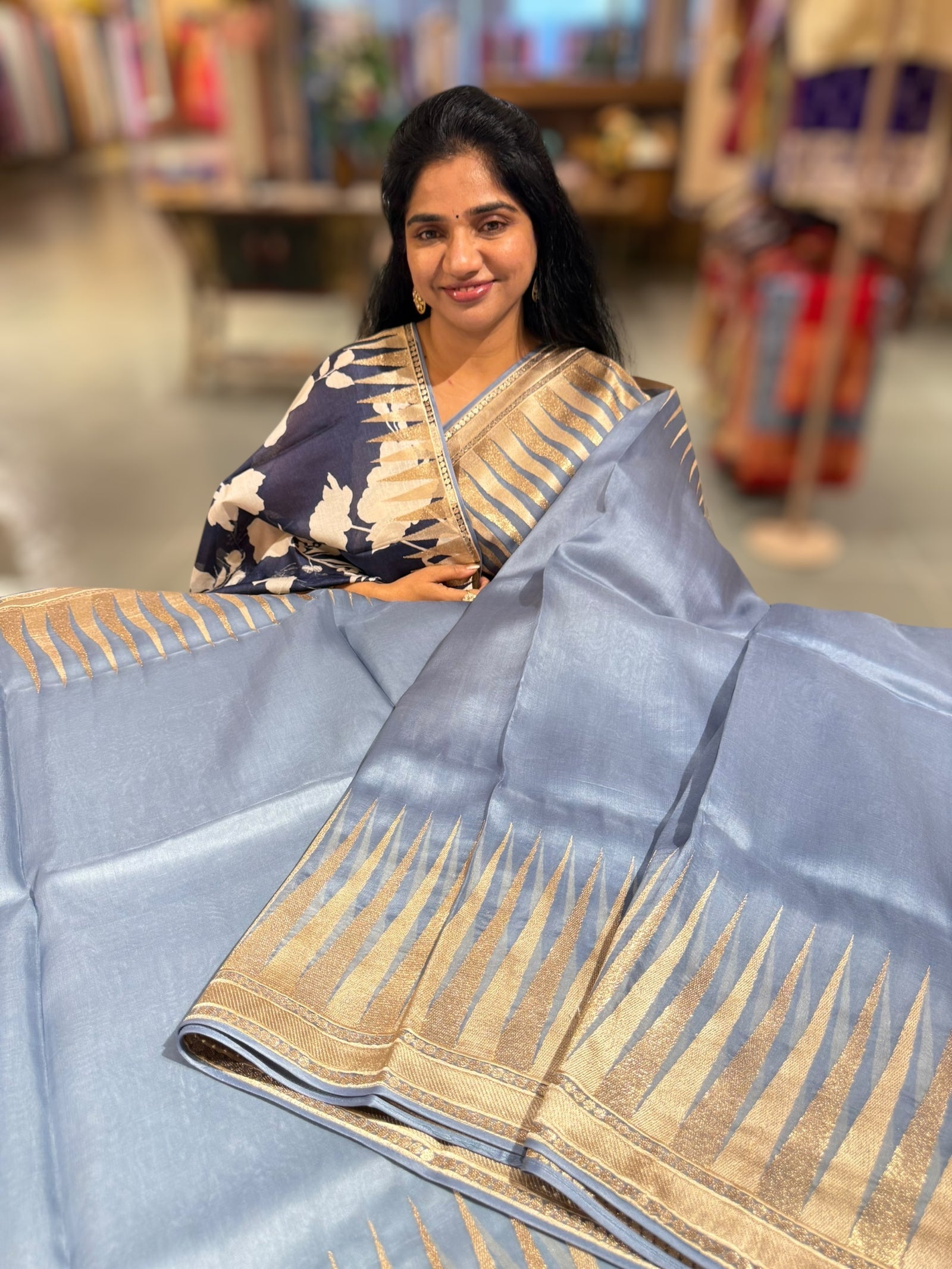 Greysih Blue Pure Organza With Temple Embroidered Border & Tussar Printed Blouse