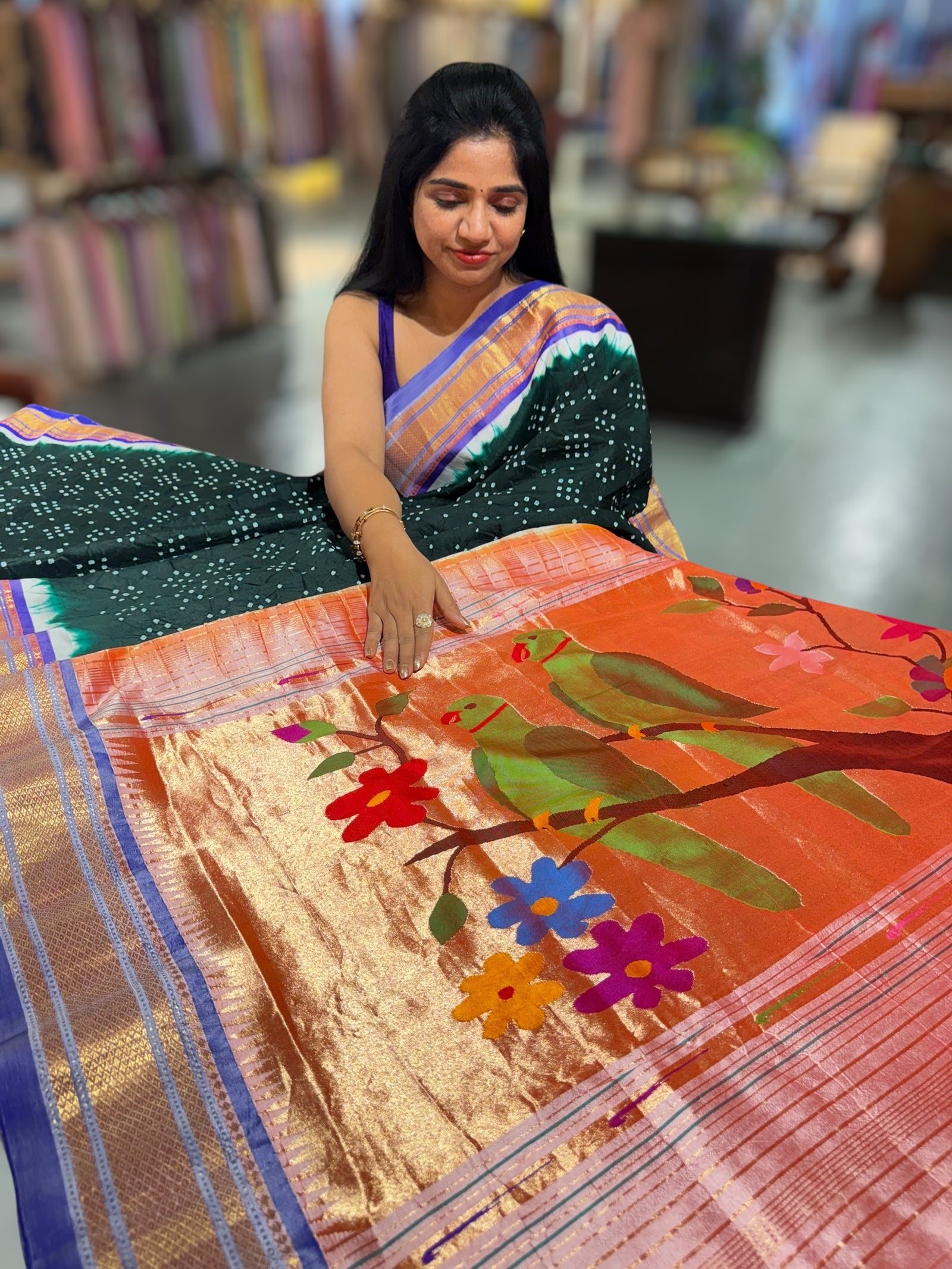 Forest Green Pure handloom Bandhini paithani saree