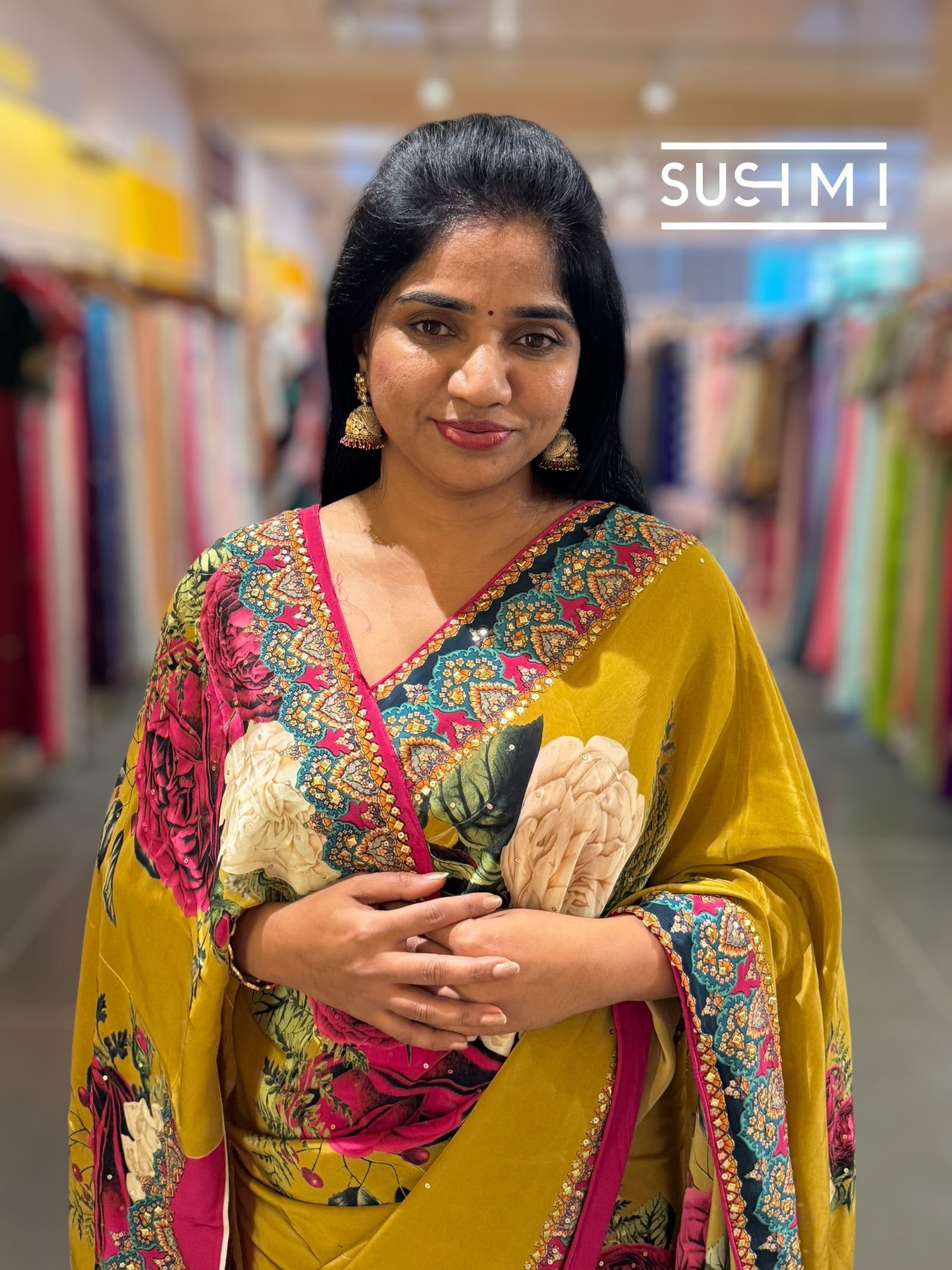 Mustard Gold Designer Crepe Silk Saree : D62F030