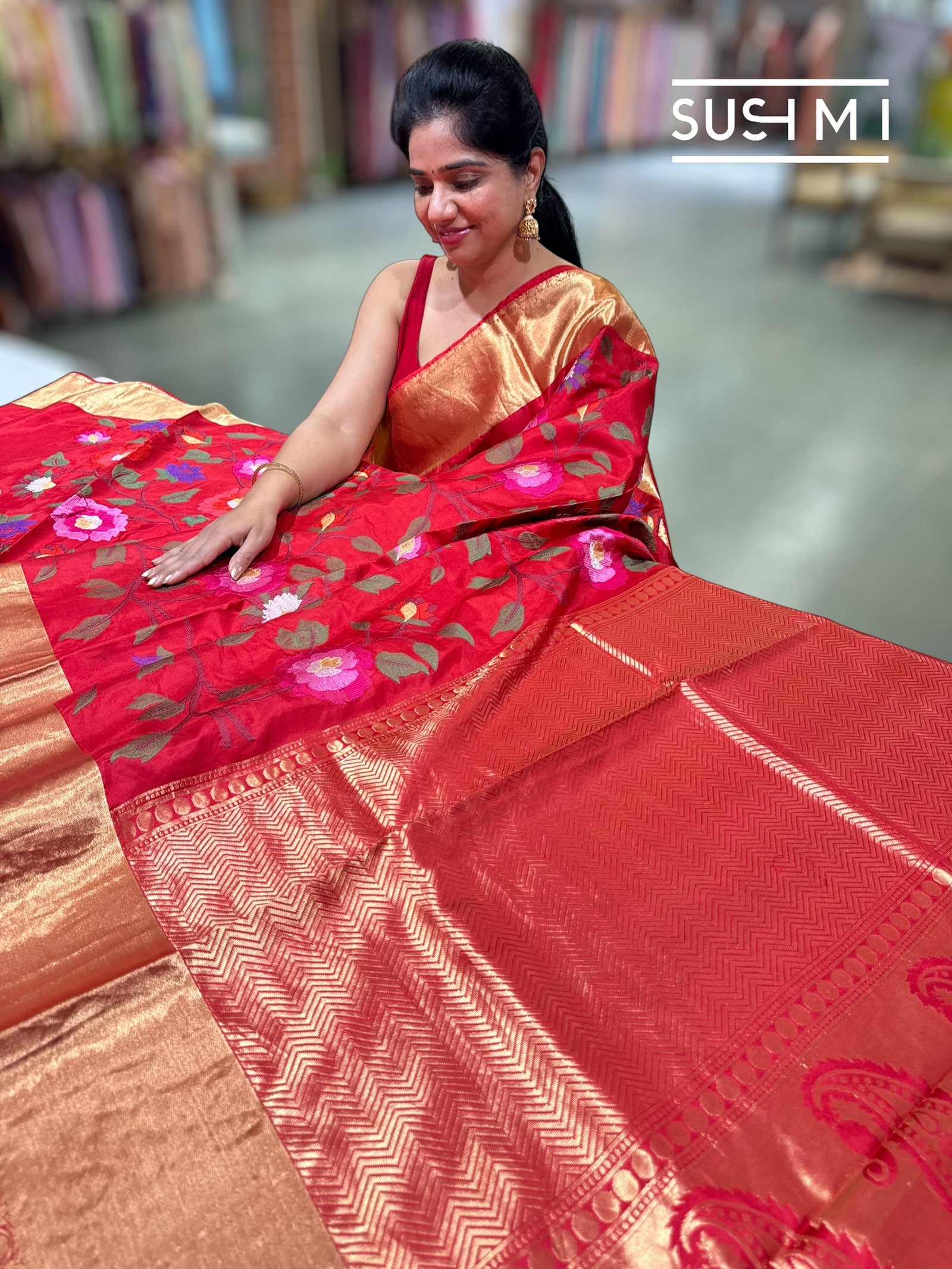 Chilli Red Kanchi Soft Silk Saree with embroidery : S62F177